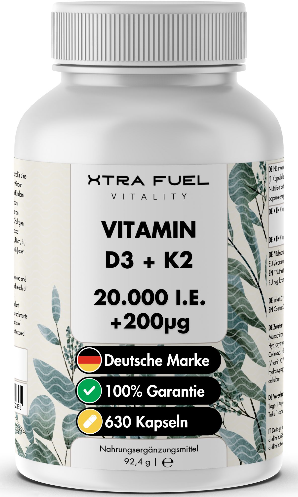 XTRA FUEL Vitamin D3 + K2 Kapseln: 20.000 I.E. + 200mcg MK-7 all-trans