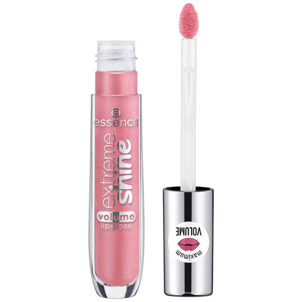 Lipgloss-Tube mit Applikator. Rosa Inhalt. Silberner Deckel mit Lippen-Symbol und Schriftzug „VOLUME“. Produktname „extreme shine volume lipgloss“.