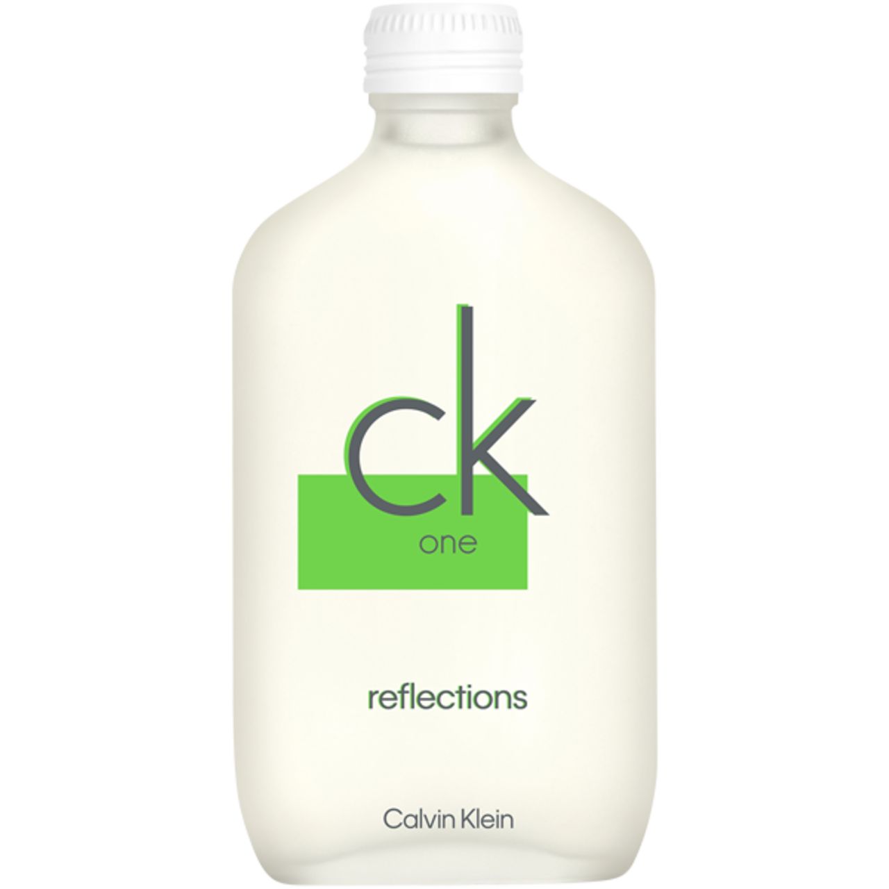 CK One Reflections E.d.T. Nat. Spray Flakon. Weißes Flakon mit grünem Logo und Schriftzug. Calvin Klein.