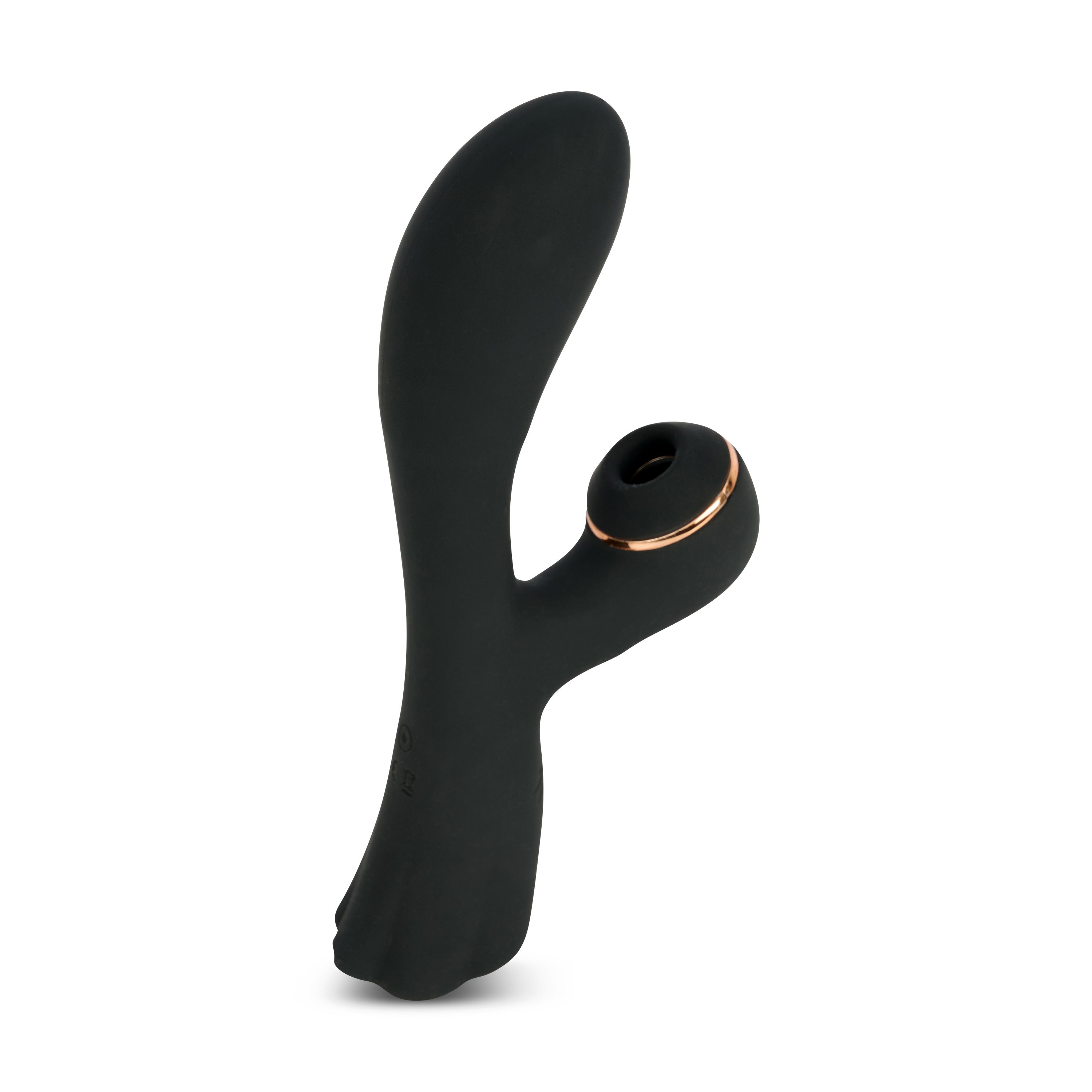 Schwarzes Wellness-Produkt mit geschwungener Form und goldfarbenem Akzent. Oberflächenstruktur erkennbar.