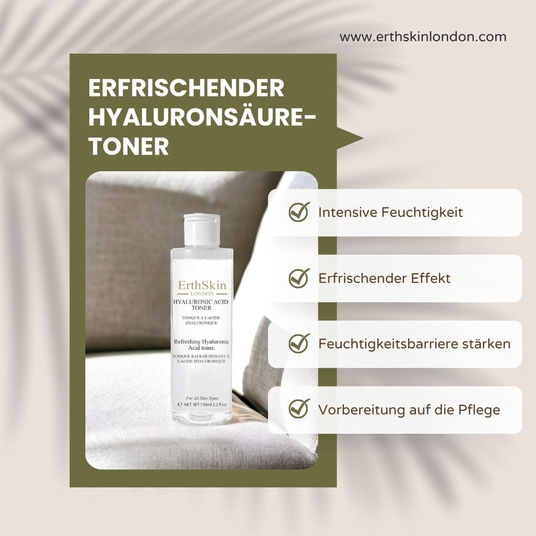 ErthSkin London Toner-Flasche mit Text. Weißes Etikett mit Produktnamen und Inhaltsstoffen. Flasche mit weißem Deckel. Text: Vorteile.