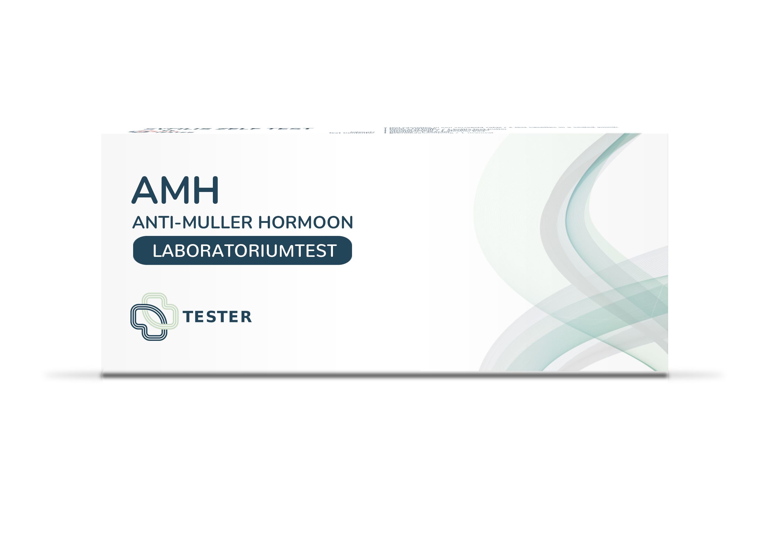 Weißer Karton mit Aufschrift AMH Anti-Müller-Hormon, Laboratoriumtest und Tester-Logo. Abgerundete, grüne Linien auf der rechten Seite.