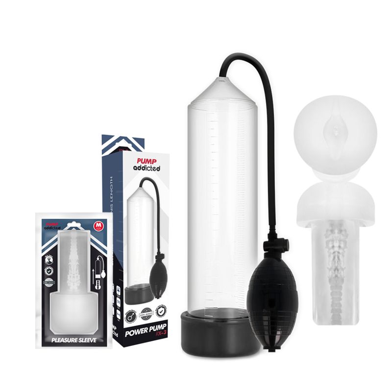 Pumpe mit Verpackung und Zubehör. Schwarze Pumpe mit transparentem Zylinder. Zusätzliche transparente Komponente. Verpackung mit Produktbild.