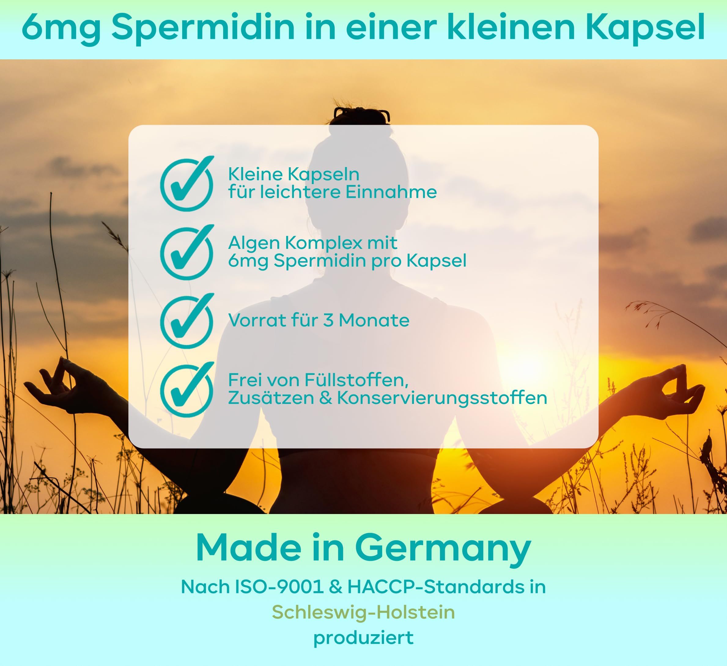 Grafik mit Text: 6mg Spermidin in einer kleinen Kapsel, kleine Kapseln, Algen Komplex, Vorrat für 3 Monate, frei von Füllstoffen.
