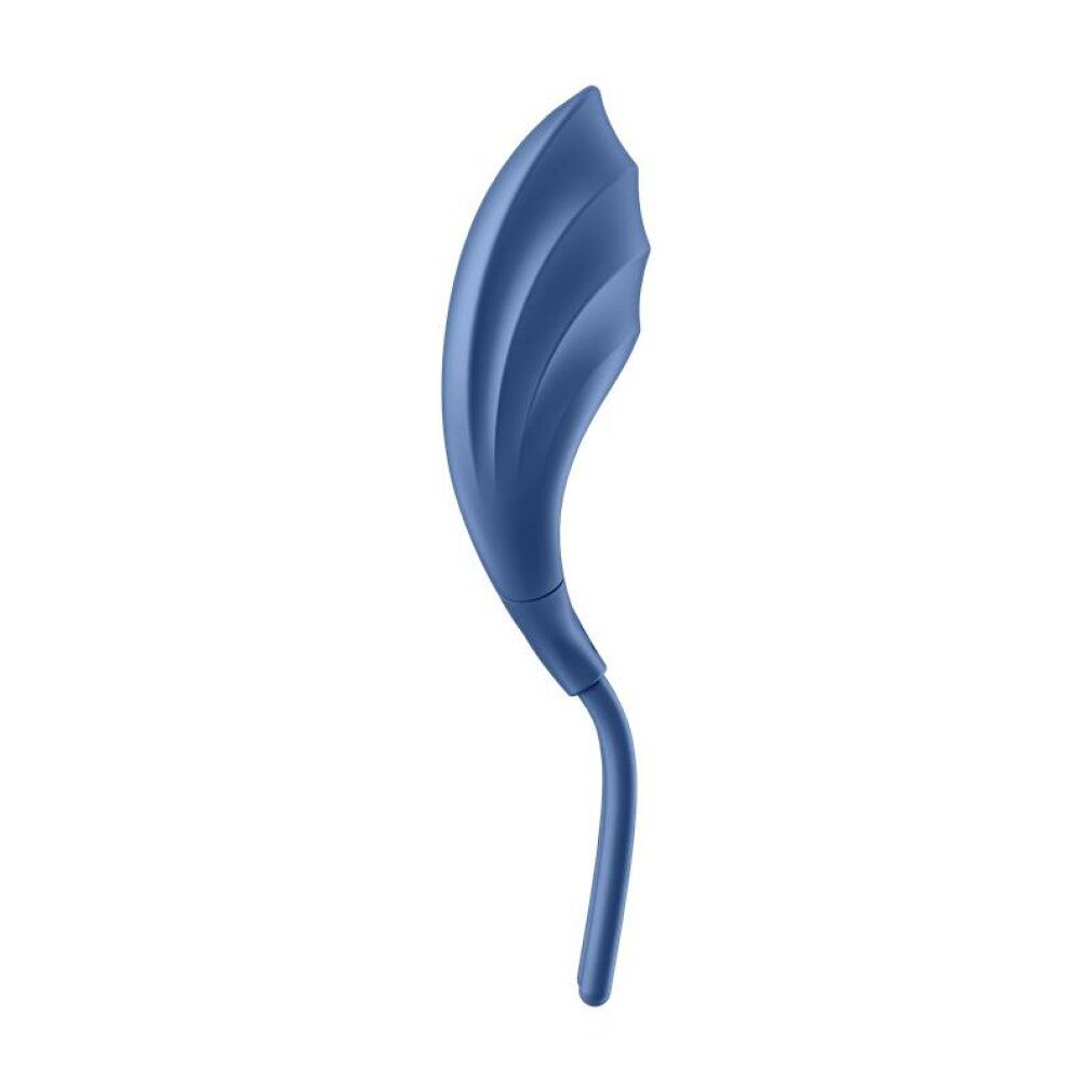 Blauer Ring Vibrator. Gebogene Form mit geriffelter Oberfläche. Ein Stiel.
