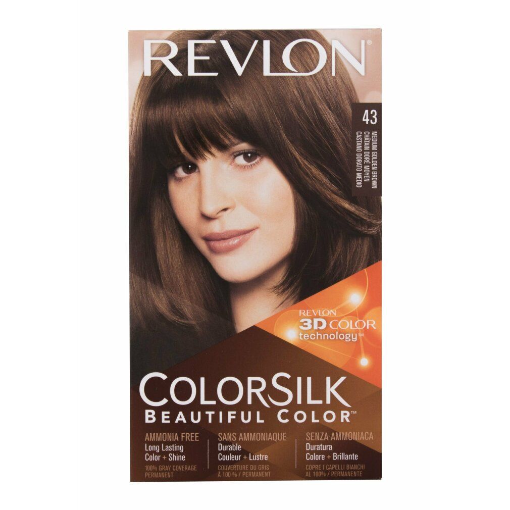 Revlon Colorsilk Haarfarbe, Farbton 43 Medium Golden Brown. Verpackung mit Abbildung einer Frau mit braunem Haar. Text: Ammonia Free.