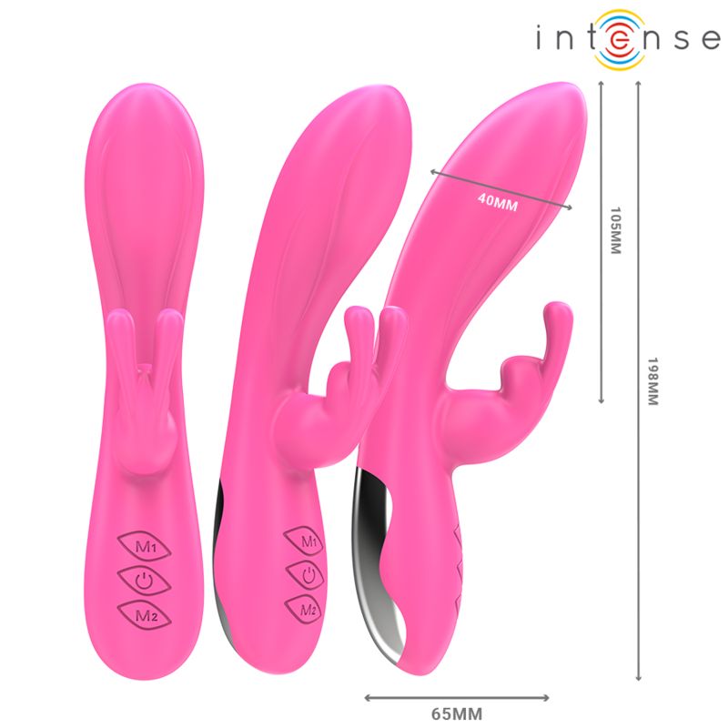 Drei Ansichten eines pinken Randall Rabbit Vibrators mit Maßen: 198mm Länge, 65mm Breite, 40mm und 108mm an den Spitzen.