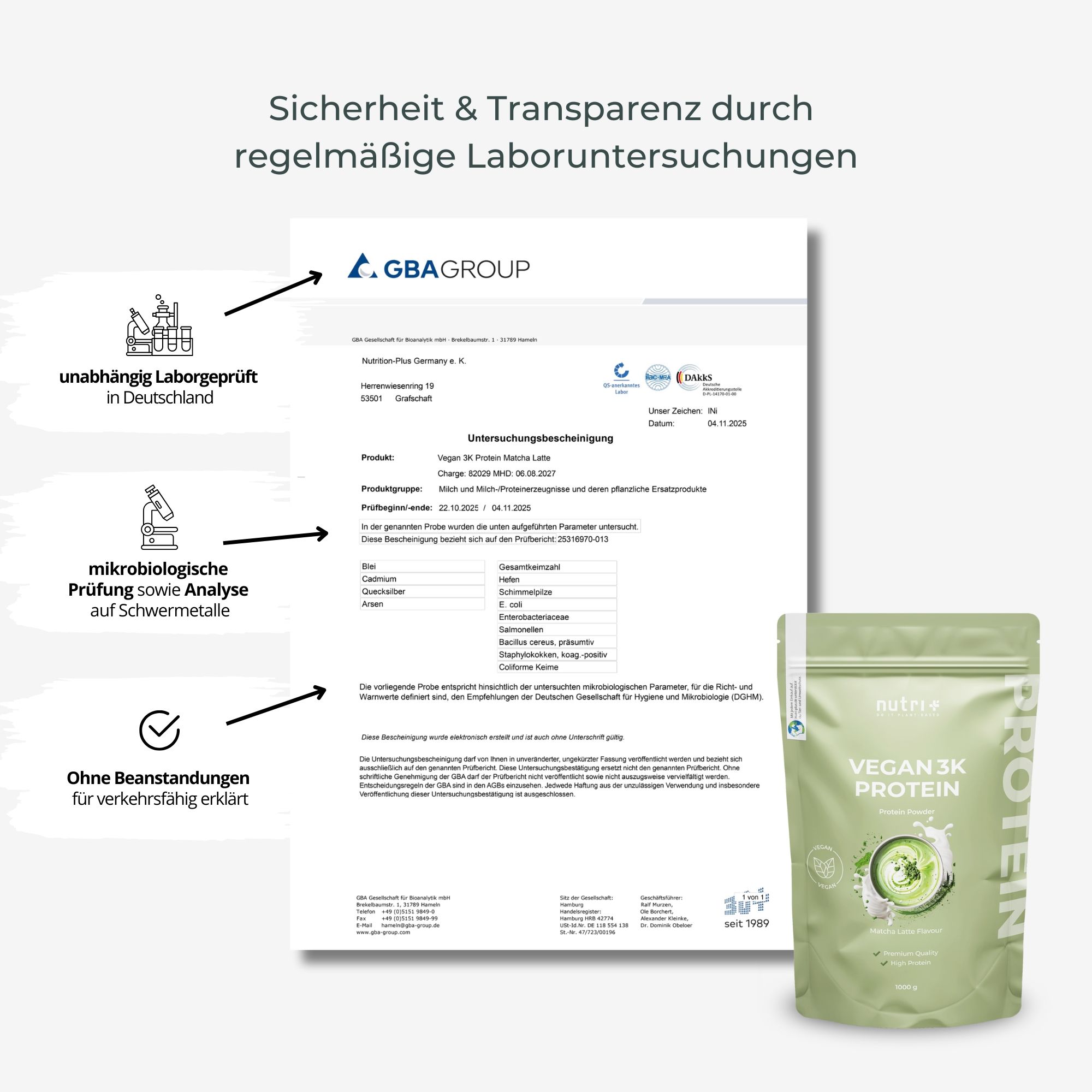 Vergleich von nutri+ Veganes Proteinpulver 3k mit ähnlichen Produkten. Hervorhebung von Vorteilen wie rein pflanzlich und super cremig.