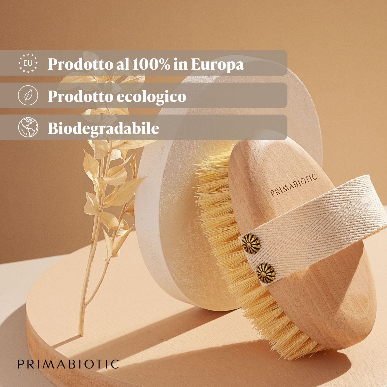 Körpermassagebürste mit Zertifizierungen: Hergestellt in Europa, ökologisch, biologisch abbaubar. Marke: Primabiotic.