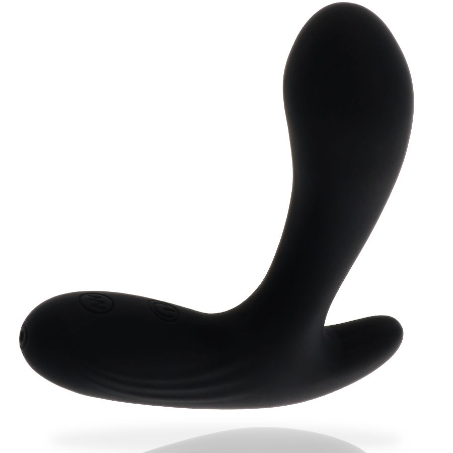 Schwarzer Analvibrator. Gebogene Form mit zwei Teilen. Sichtbare Bedienelemente.