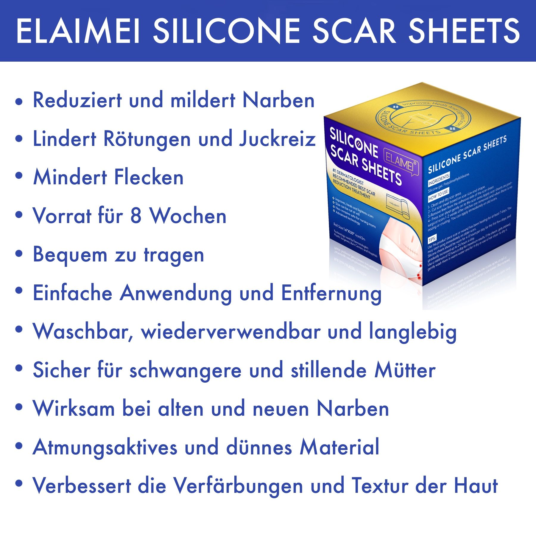 Produktverpackung mit Produktnamen und Logo. Auflistung von Vorteilen. Text: Reduziert Narben, lindert Juckreiz, sicher für Schwangere.