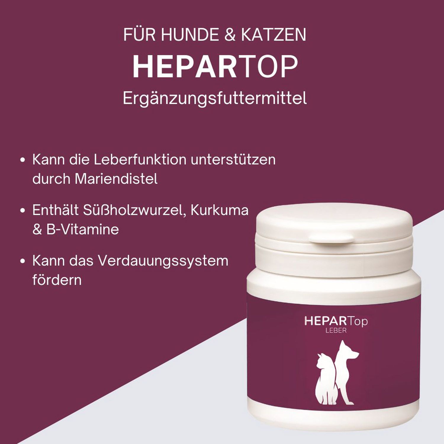 HeparTop Ergänzungsfuttermittel für Hunde & Katzen. Weißer Behälter mit lila Etikett.