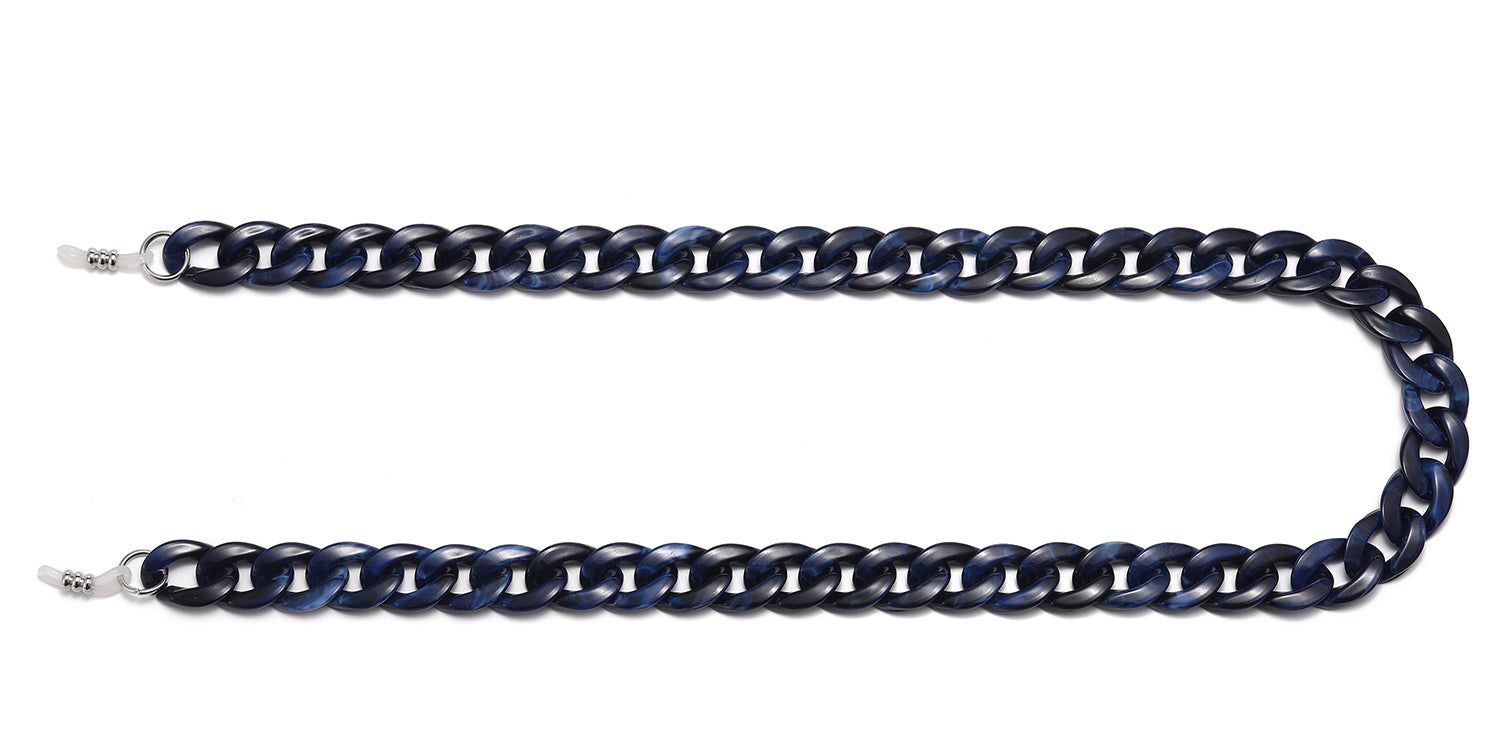Blaue Brillenkette, U-förmig. Kettenglieder aus Kunststoff, mit silberfarbenen Enden.