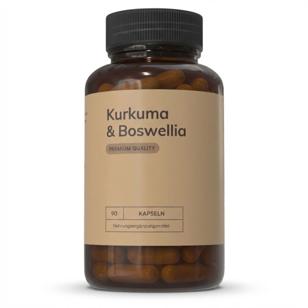 Braune Flasche mit Kapseln. Aufschrift: Kurkuma & Boswellia. 90 Kapseln. Nahrungsergänzungsmittel.