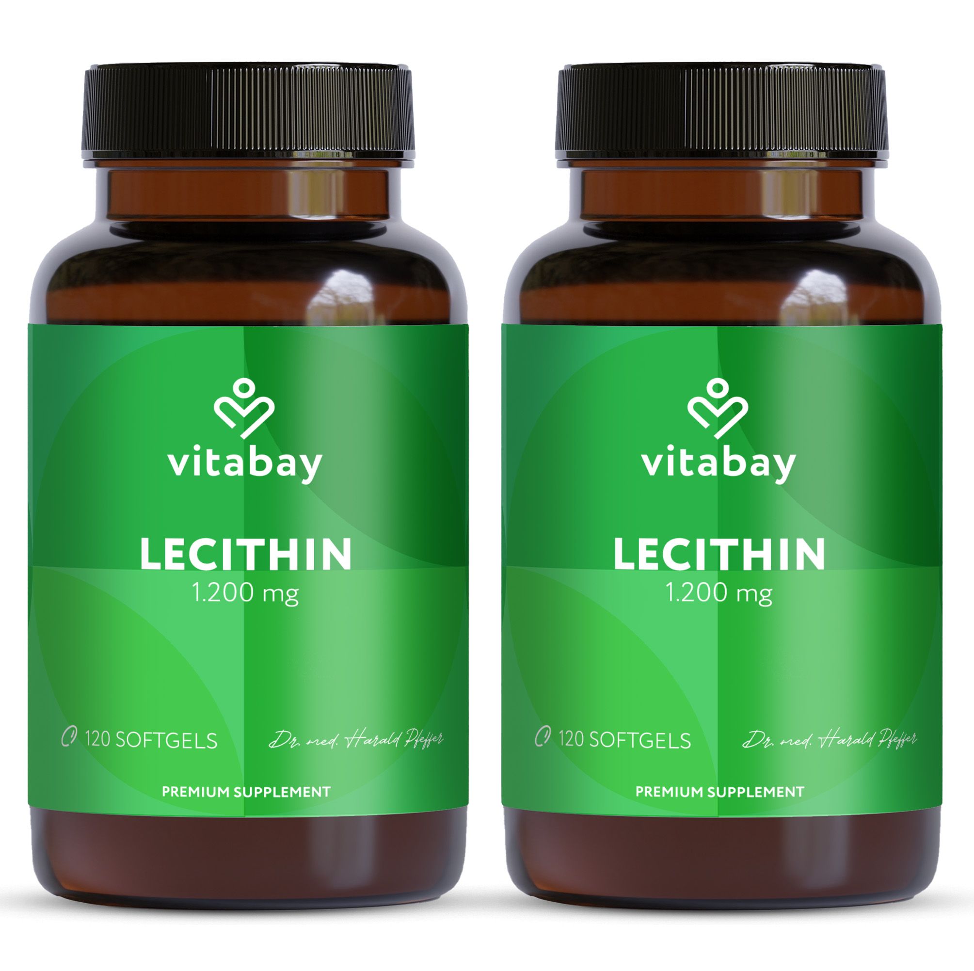 Zwei Flaschen Vitabay Lecithin 1.200 mg. 120 Softgels. Premium Supplement.