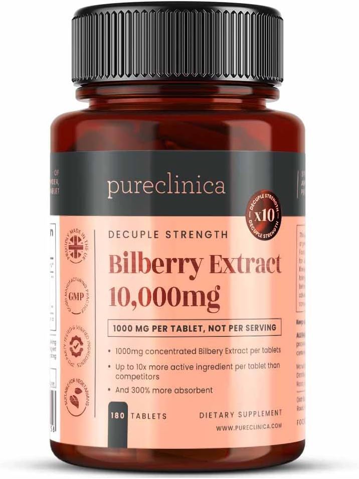 Braune Flasche mit pureclinica Blaubeerextrakt 10.000mg Tabletten. 180 Tabletten, GMP-zertifiziert, hergestellt in Großbritannien.