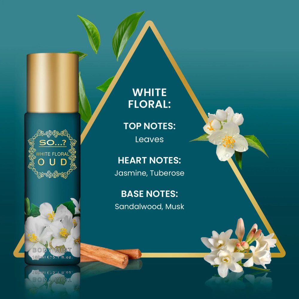 Körperspray mit goldfarbenem Deckel. Aufschrift: White Floral Oud. Abbildung von Blüten und Blättern. Text: Top Notes, Heart Notes, Base Notes.