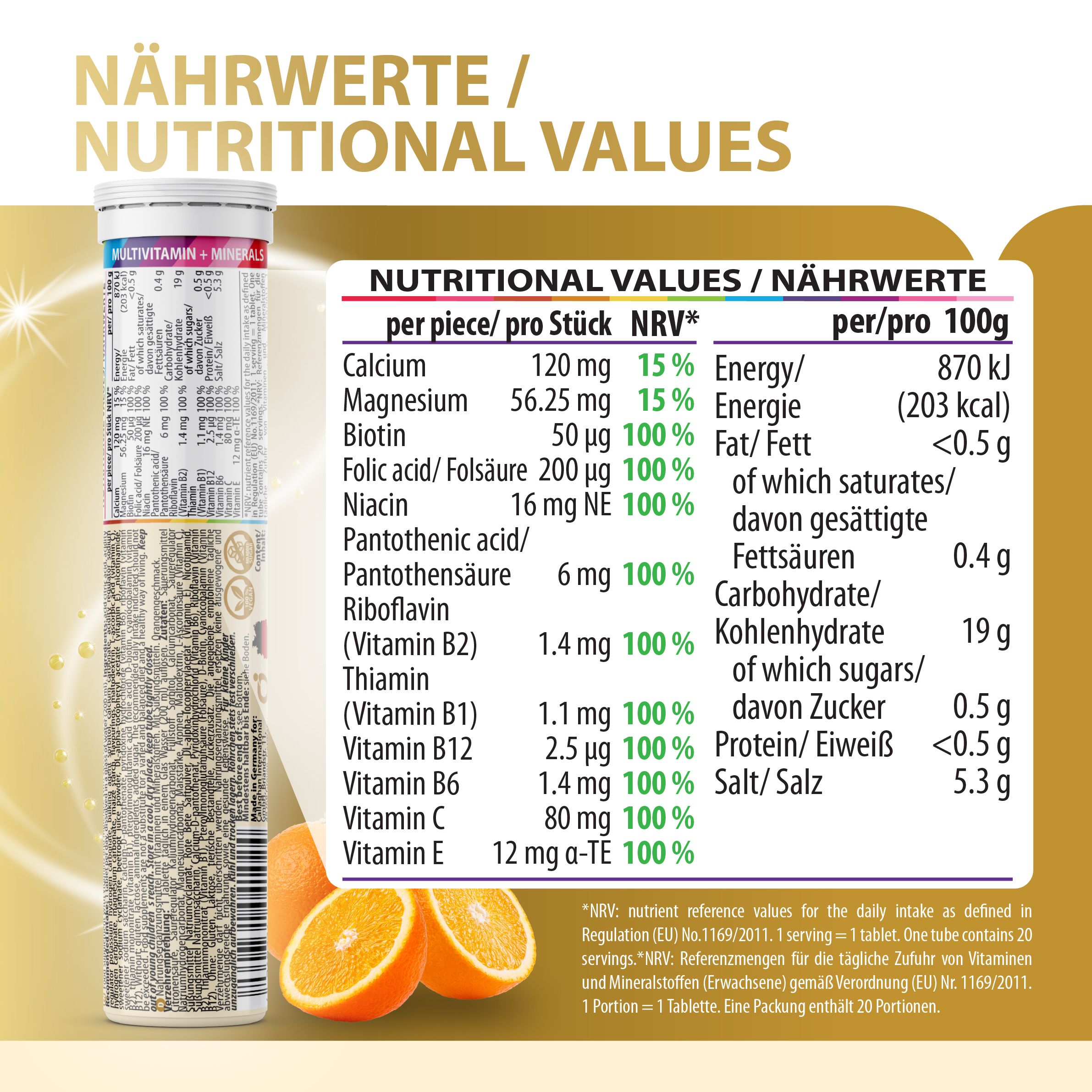 EVÄM Multivitamin + Mineralien Brausetablette mit Text: Nährwerte/Nährwertangaben. Tabelle mit Nährwertangaben pro Portion und pro 100g.