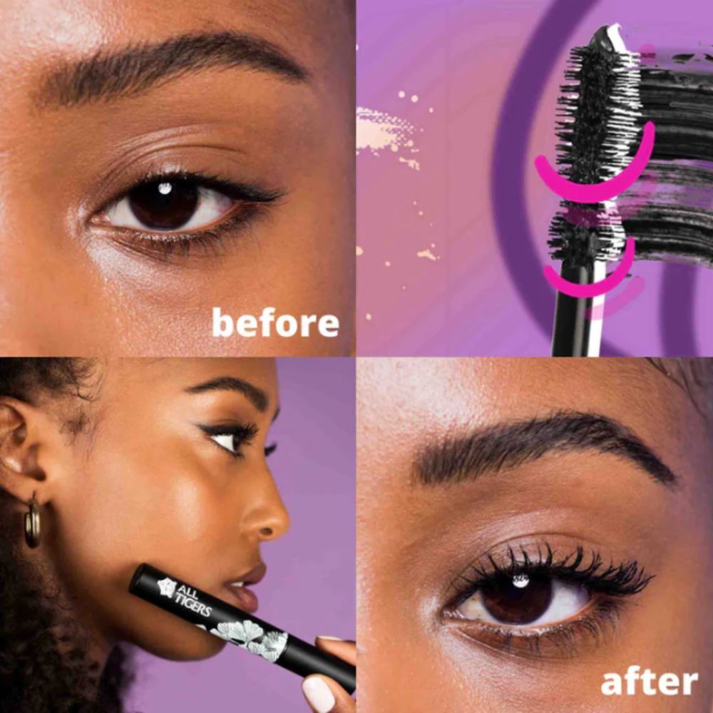 Vorher-Nachher-Vergleich. Oben: Auge vor Mascara. Unten: Auge nach Mascara. Mascara-Bürste.