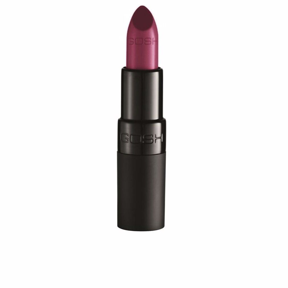 Lippenstift, dunkelroter Farbton. Schwarze Hülse mit GOSH-Logo. Produktansicht.