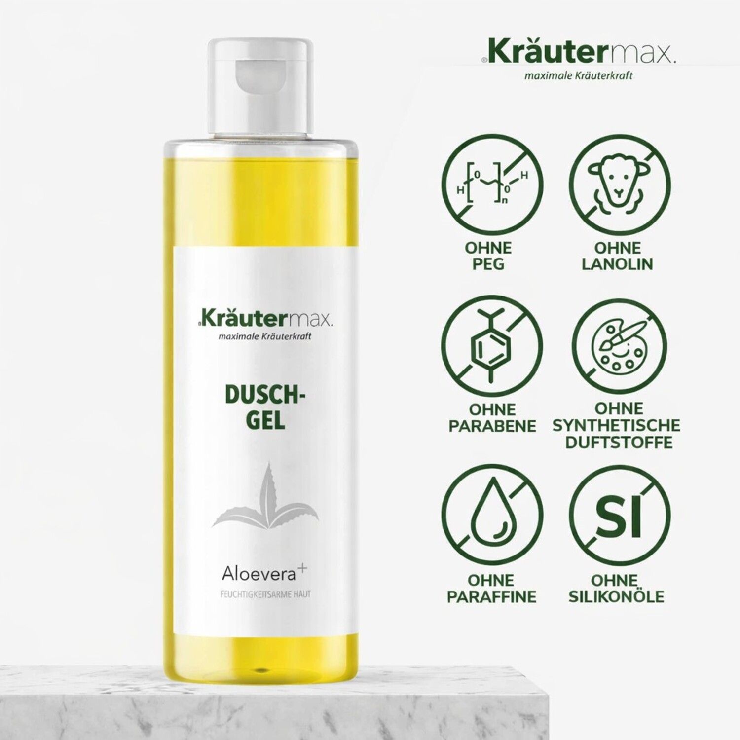Kräutermax Duschgel Aloevera plus. Gelbe Flüssigkeit in einer Flasche mit weißem Deckel. Logos: Ohne PEG, Lanolin, Parabene, synthetische Duftstoffe, Paraffine, Silikonöle.