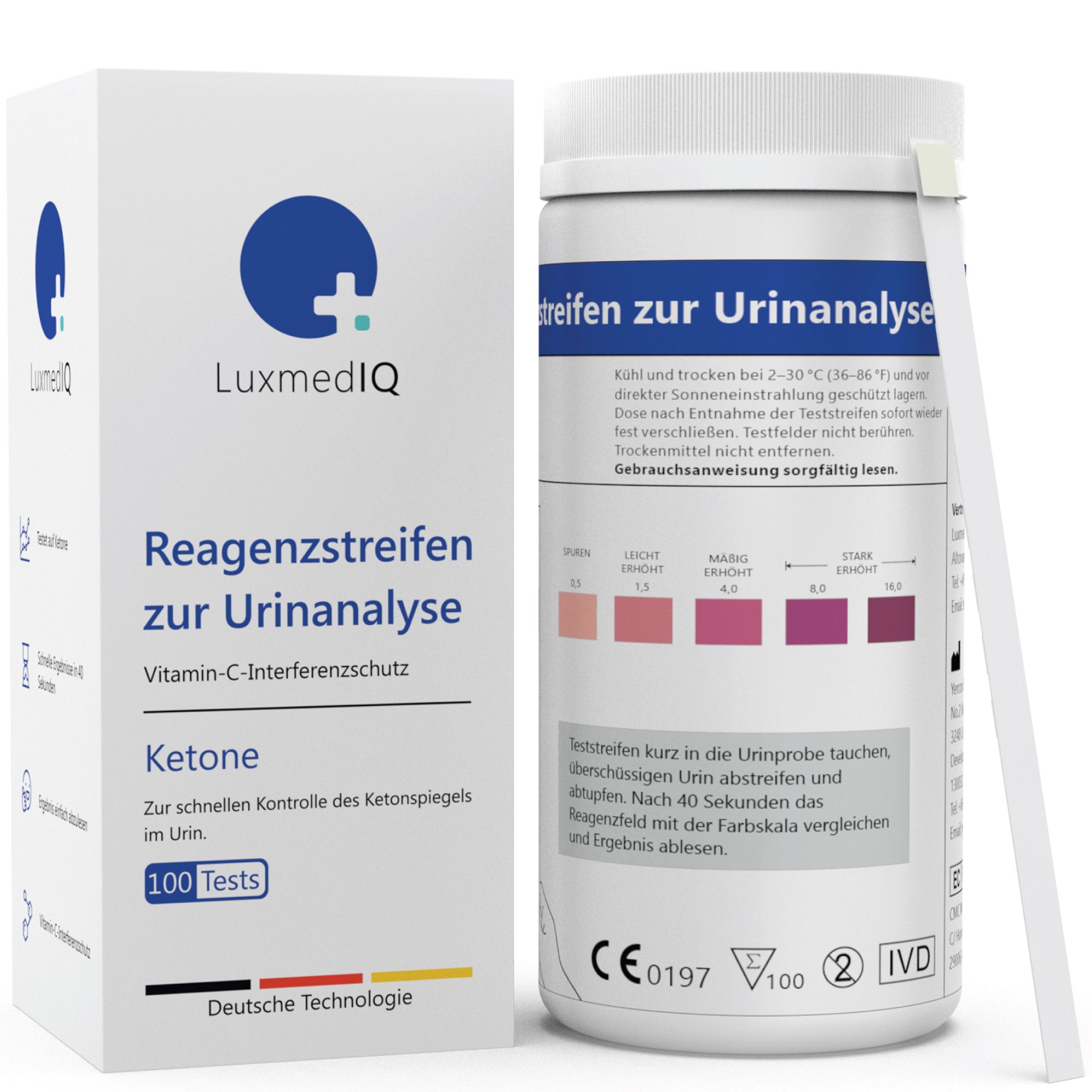 Teststreifen-Packung und Behälter. Aufschrift: Reagenzstreifen zur Urinanalyse, Keton, 100 Tests. CE-Kennzeichnung.