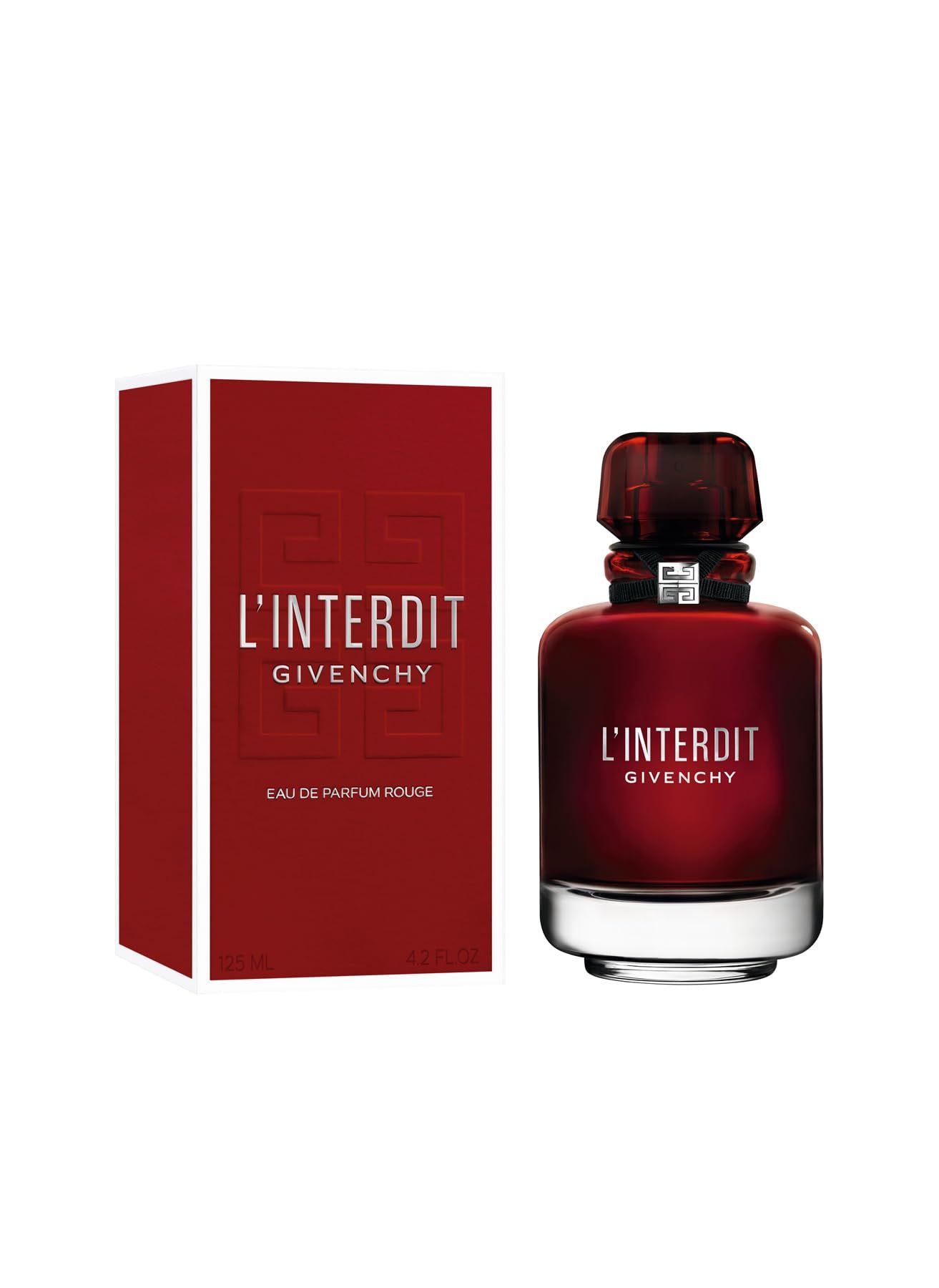 Roter Flakon und Schachtel. Aufschrift: L'Interdit Givenchy Eau de Parfum Rouge. Flakon mit schwarzem Band und silbernem Logo. Schachtel mit geprägtem Logo.
