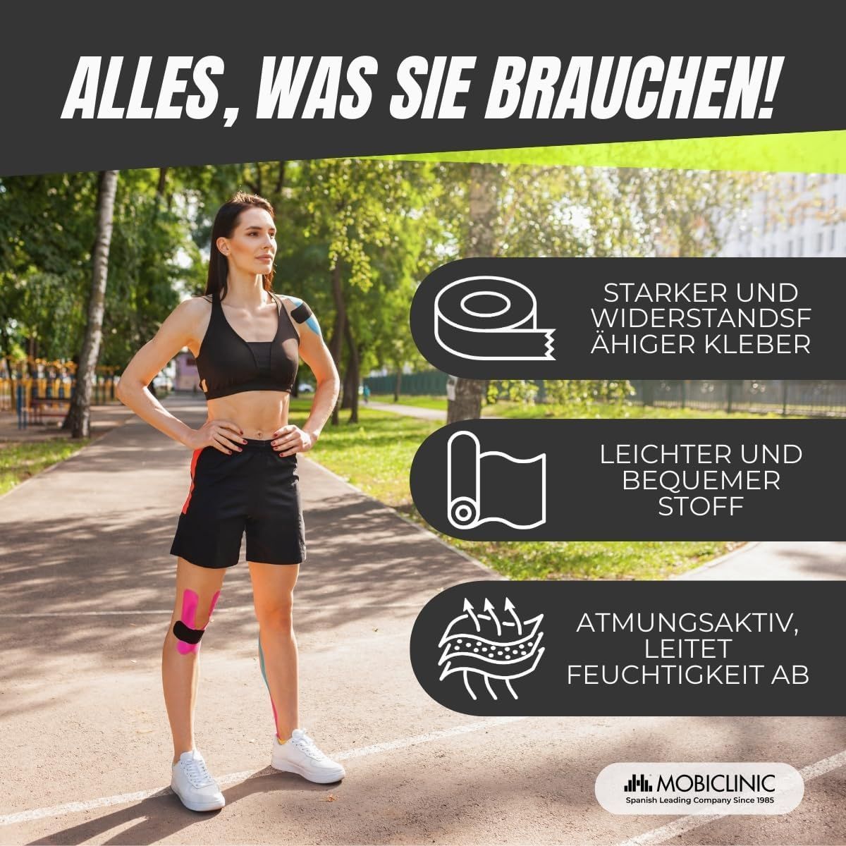 Anwendung von Kinesiologie-Tape an Hals, Schulter, Arm und Bein.