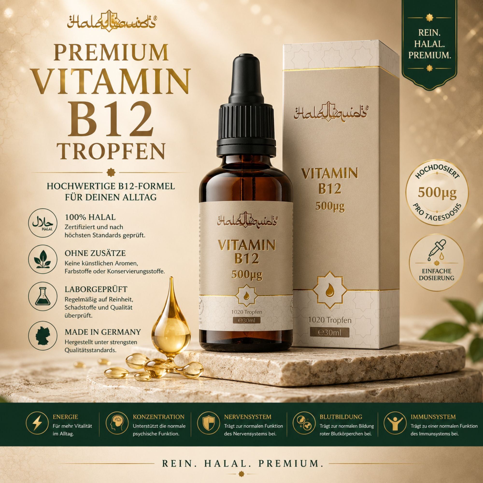 Braune Glasflasche mit Pipette, Vitamin B12 Tropfen 500µg, und Kartonverpackung. Halal-zertifiziert.