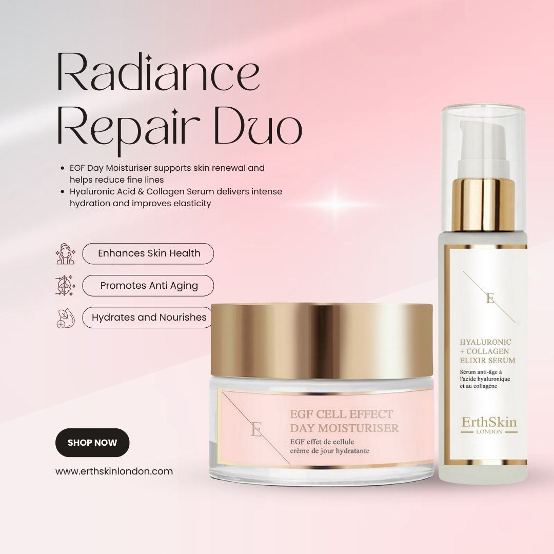 ErthSkin-Duo: Tagesfeuchtigkeitscreme und Hyaluronsäure-Kollagen-Serum. Text über Hautgesundheit, Anti-Aging.
