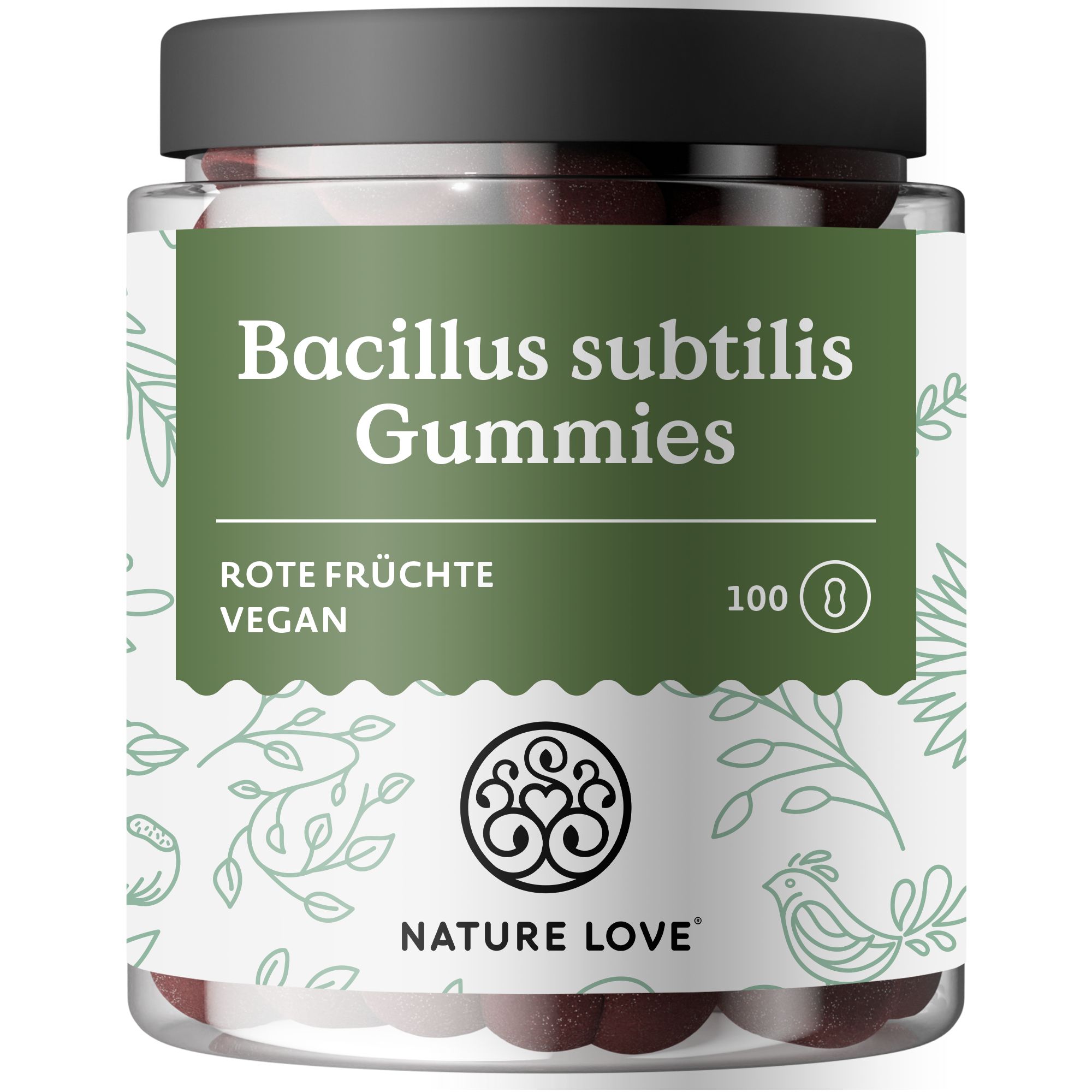 Glas mit Bacillus subtilis Gummies. Rote Früchte, vegan. Etikett mit Produktnamen und Logo. 100 Stück.