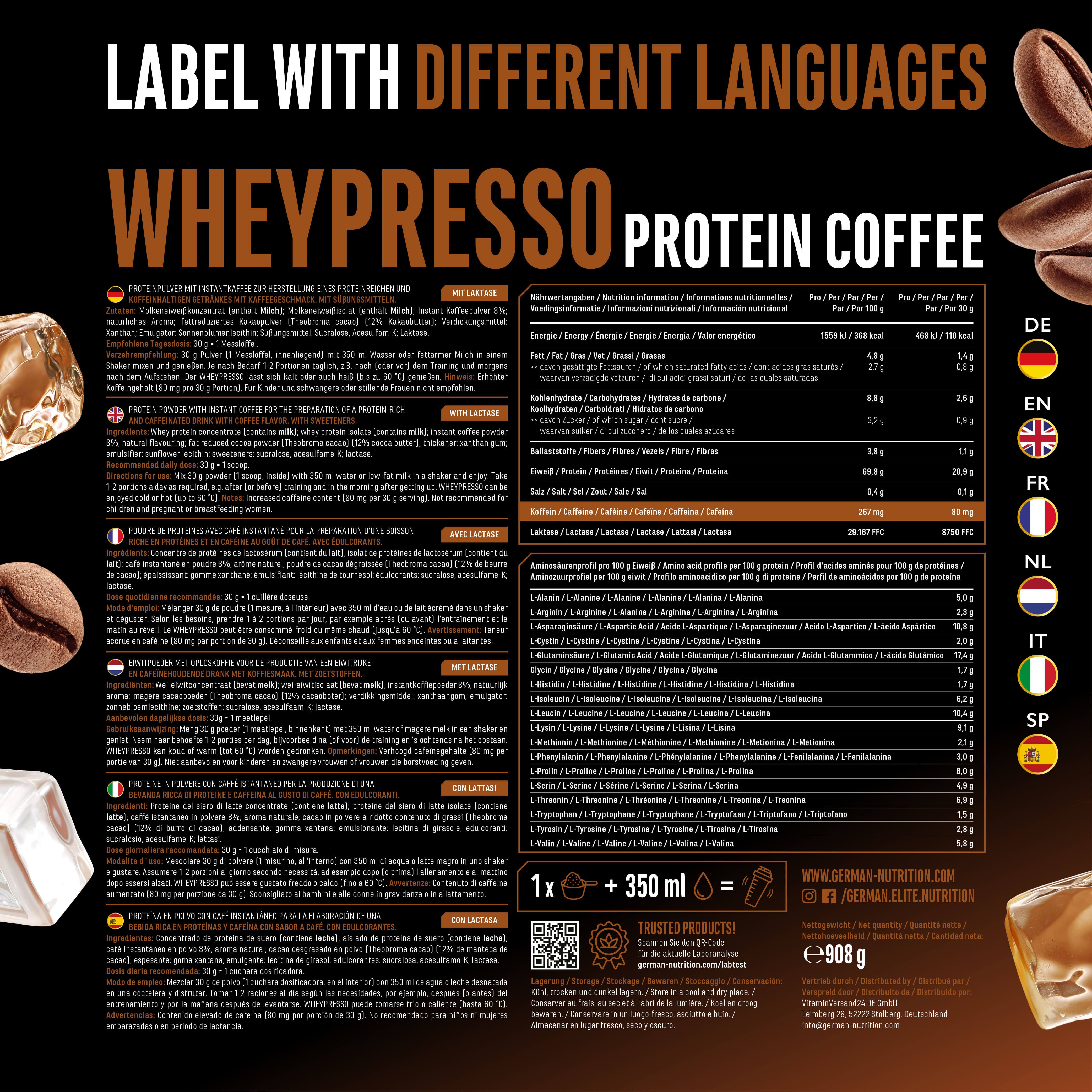 Etikett mit Informationen in verschiedenen Sprachen für GEN Wheypresso Protein Kaffee. Enthält Nährwertangaben und Zubereitungshinweise.
