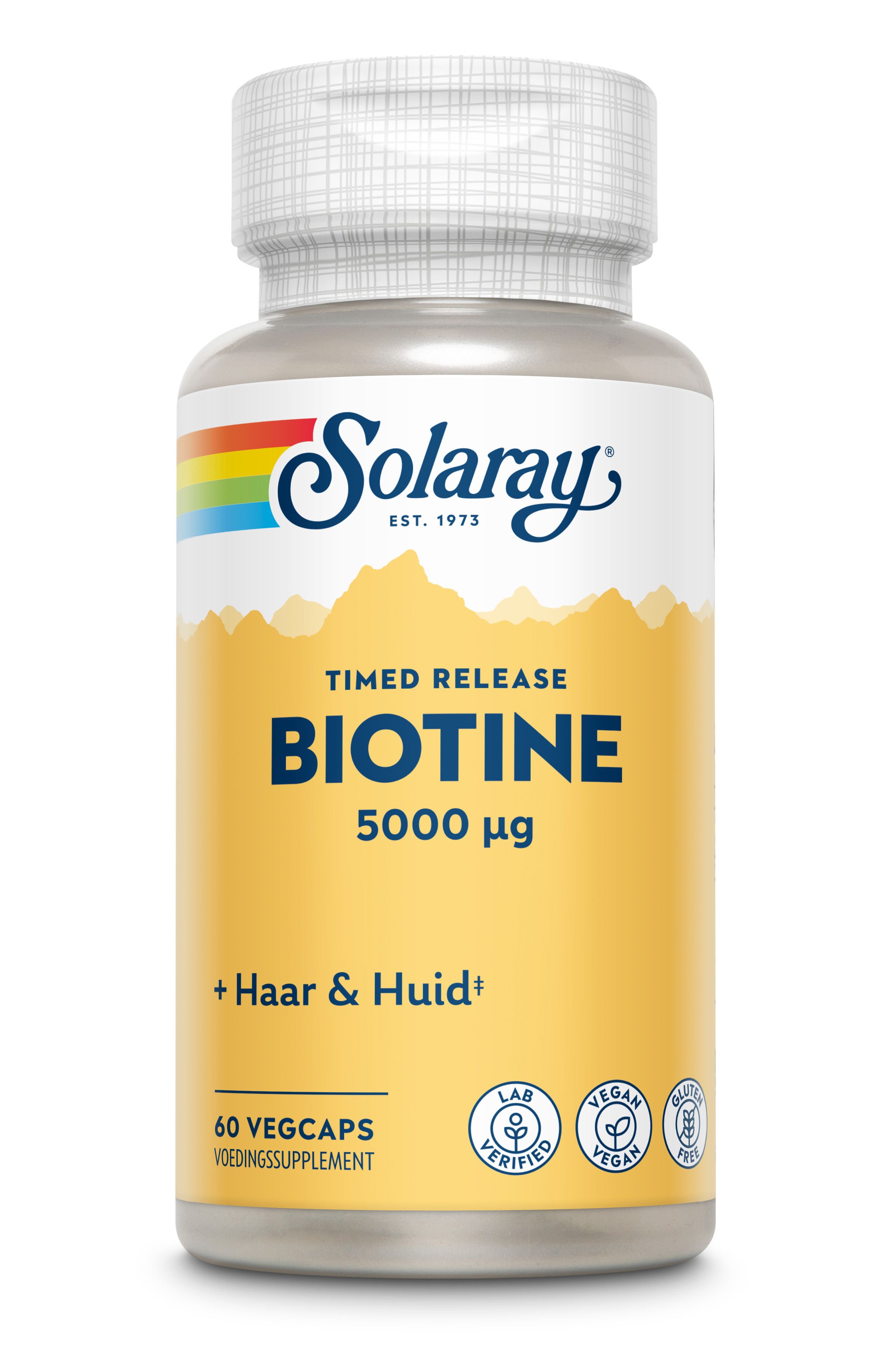 Solaray Biotin-Flasche. Enthält 60 Vegcaps. Aufschrift: Biotin 5000 µg, + Haar & Huid. Vegan, glutenfrei, Laborgeprüft.