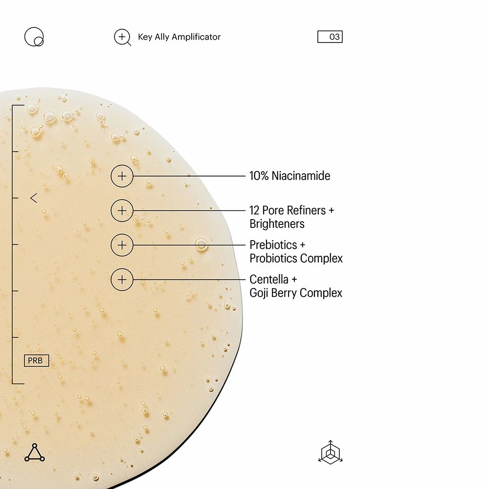 Nahaufnahme einer gelblichen Flüssigkeit. Beschriftung: 10% Niacinamid, 12 Pore Refiners + Brighteners, Prebiotics + Probiotics Complex, Centella + Goji Berry Complex.