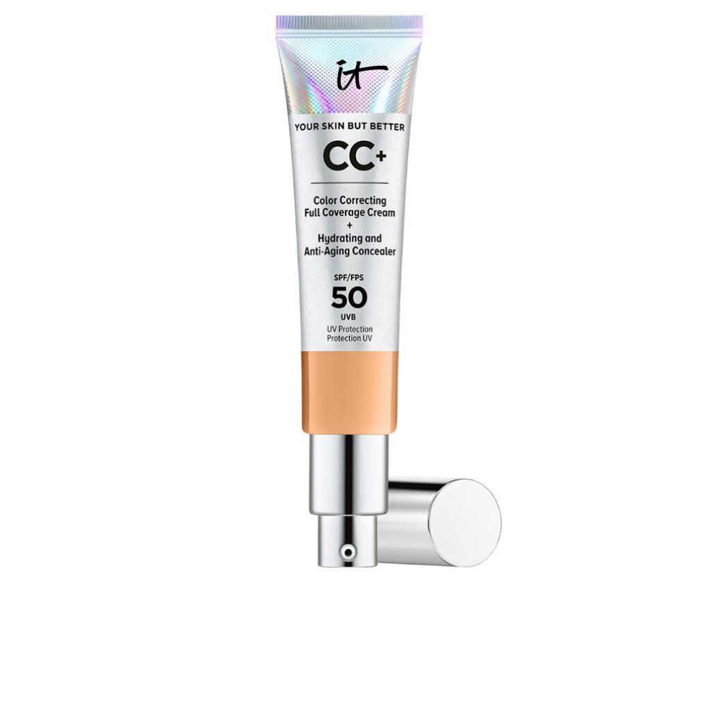 Tube mit CC+ Creme-Foundation. Farbkorrigierend, deckend, mit LSF 50. Silberne Kappe und Pumpmechanismus. Farbton: Neutral Tan.