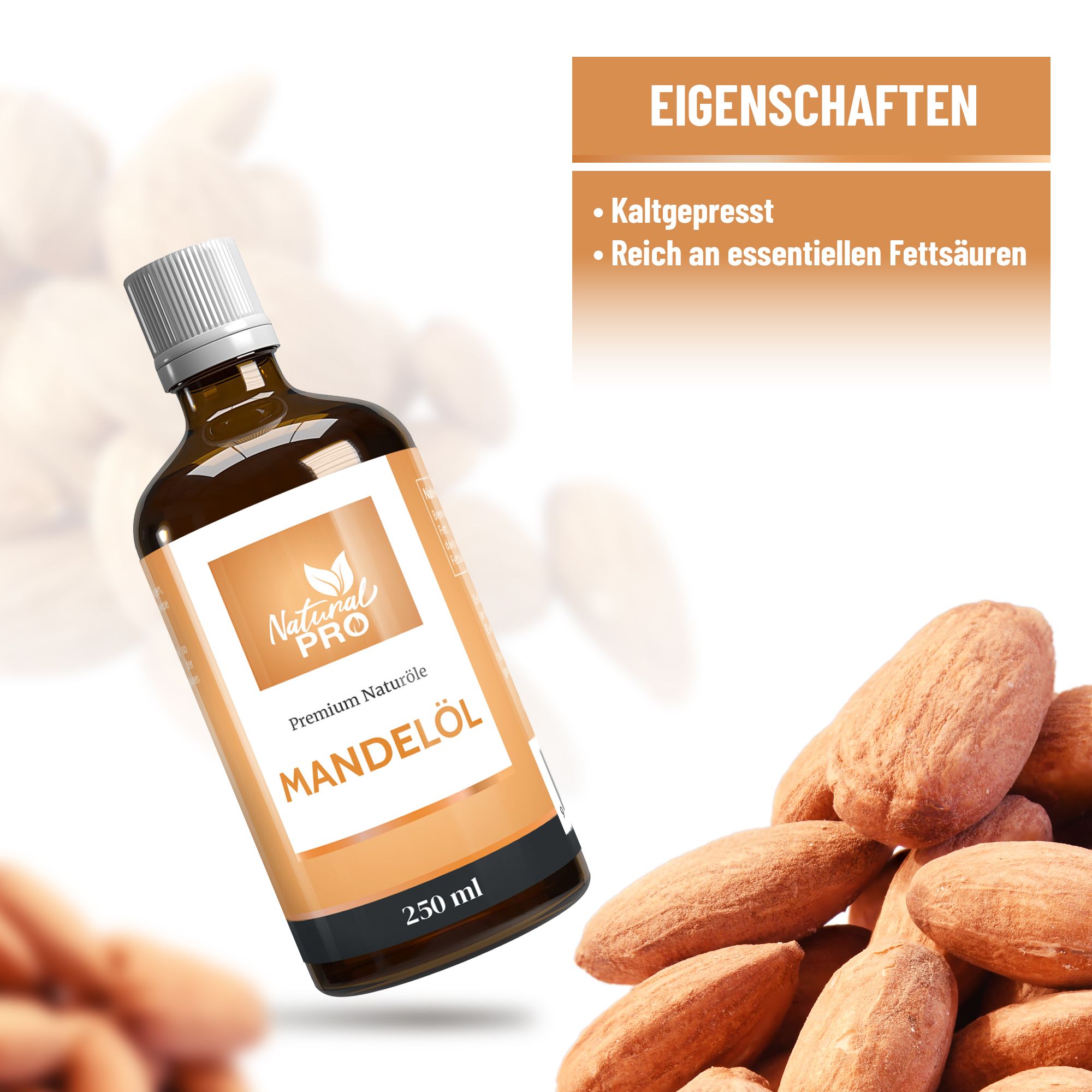 Braune Glasflasche mit Mandelöl-Etikett und Mandeln. Text: Eigenschaften, kaltgepresst, reich an essentiellen Fettsäuren.
