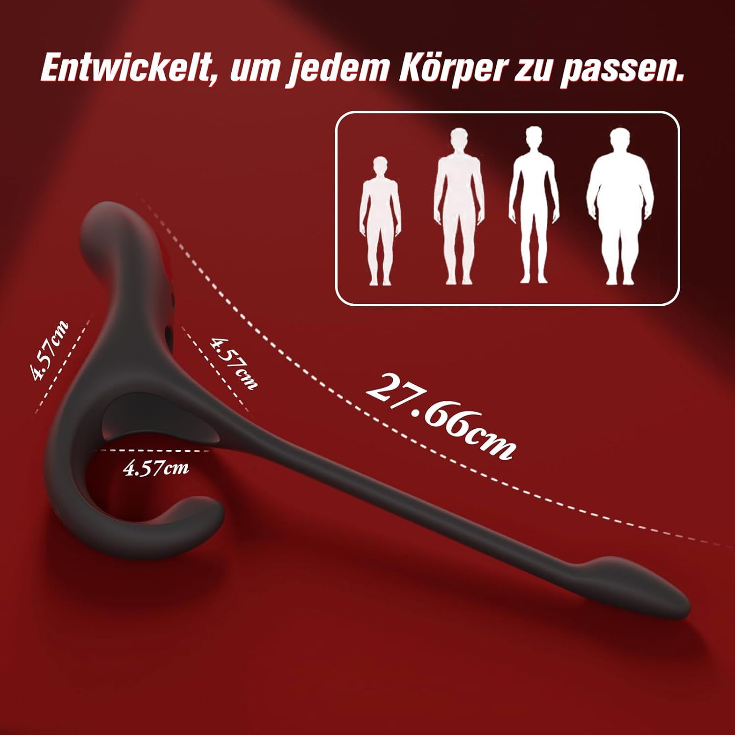 Schwarzes Gerät mit Maßen. Text: Entwickelt, um jedem Körper zu passen. Diagramm mit Größenangaben: 27,66 cm.