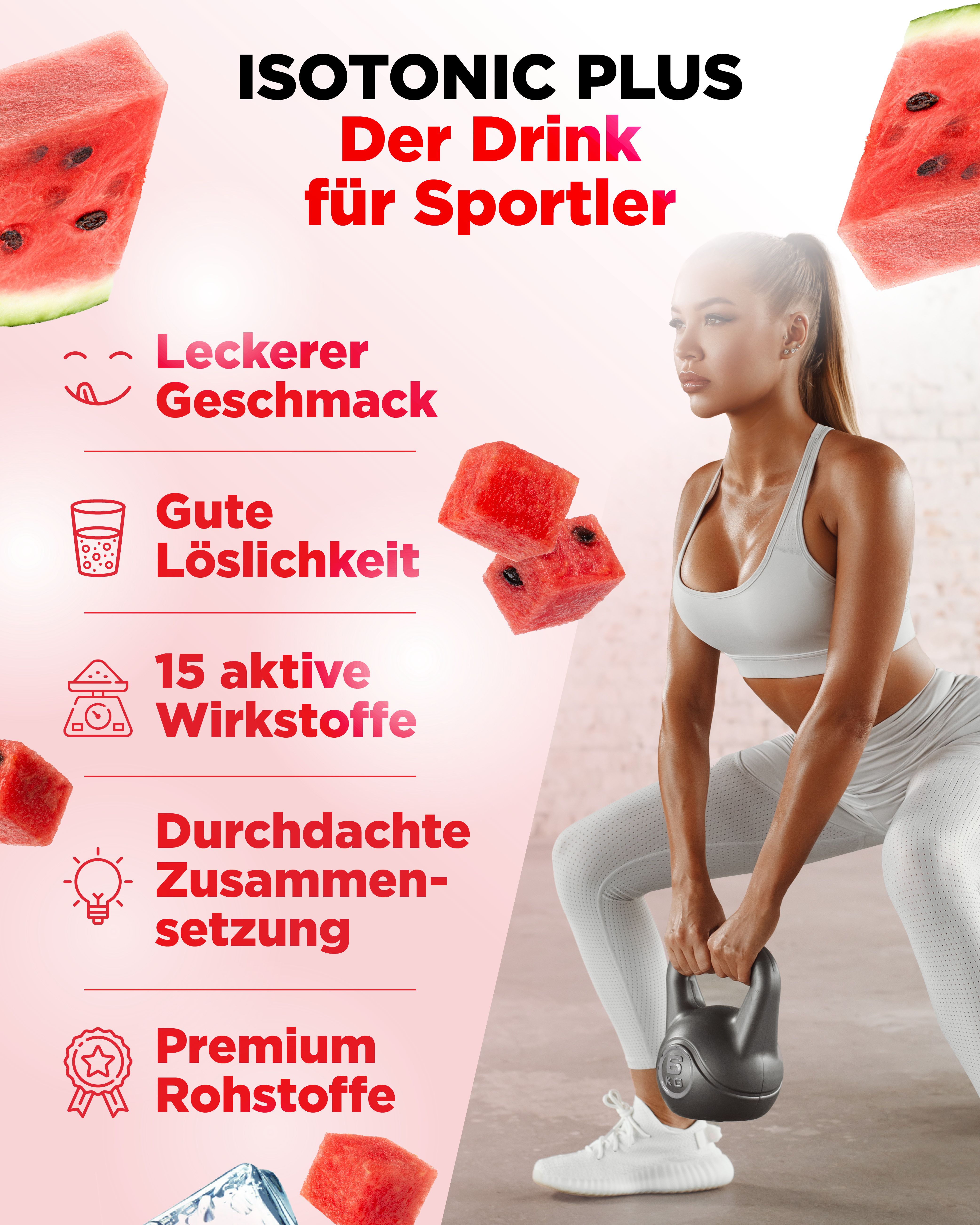 Werbefoto mit Sportlerin. Text: Leckerer Geschmack, gute Löslichkeit, 15 aktive Wirkstoffe, durchdachte Zusammensetzung, Premium Rohstoffe.