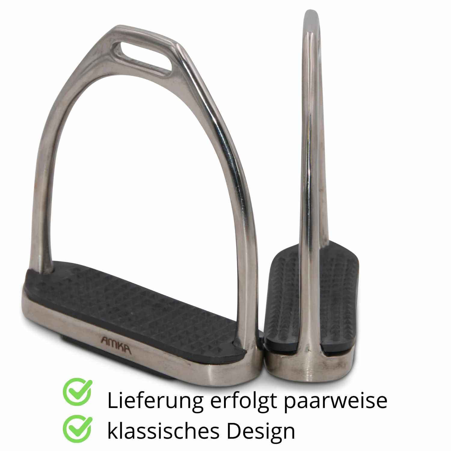 AMKA Steigbügel aus Edelstahl. Lieferung paarweise. Klassisches Design. Schwarze Trittfläche mit AMKA-Logo.