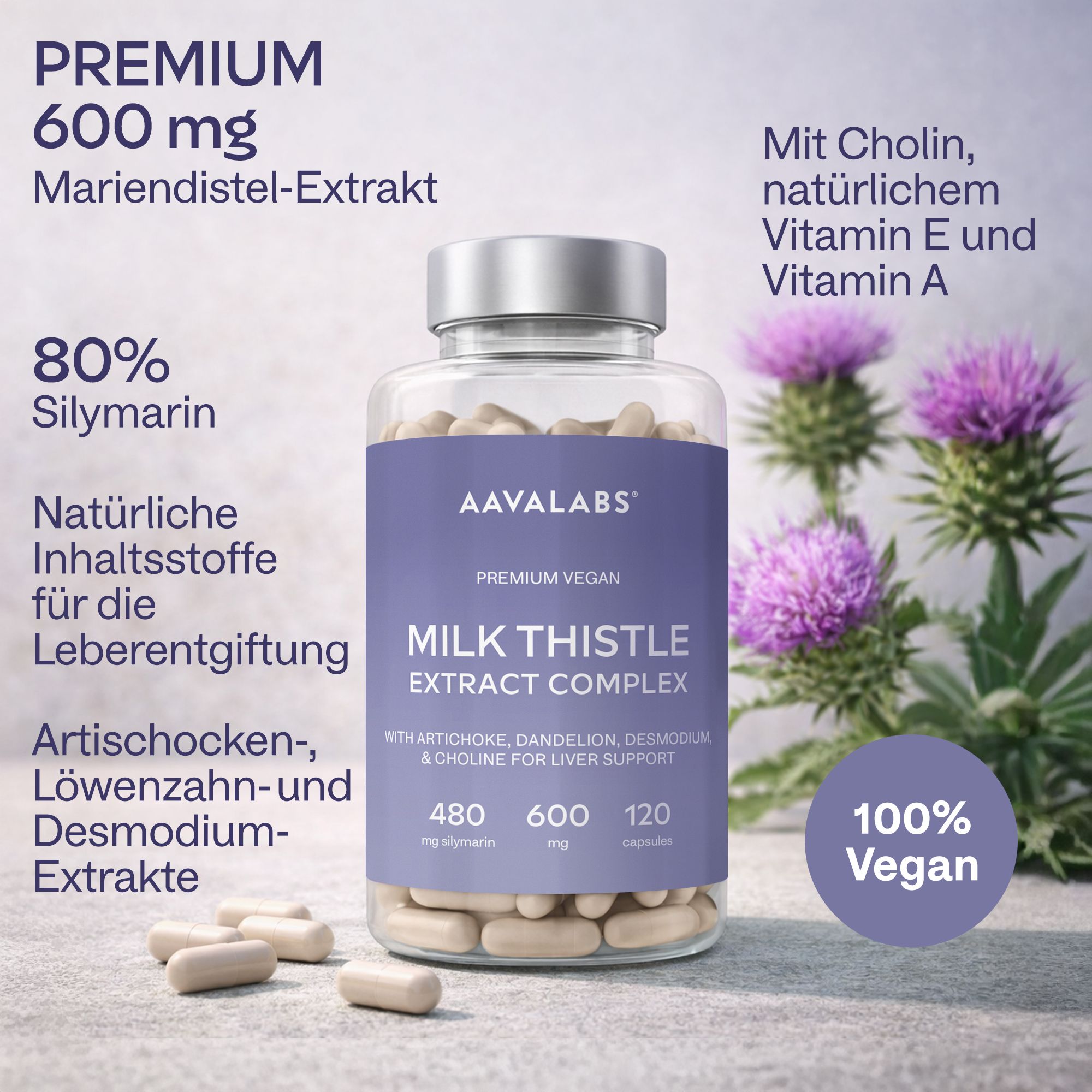 Kapsel-Glasflasche mit lila Hintergrund. Mariendistel-Extrakt. 100% Vegan.