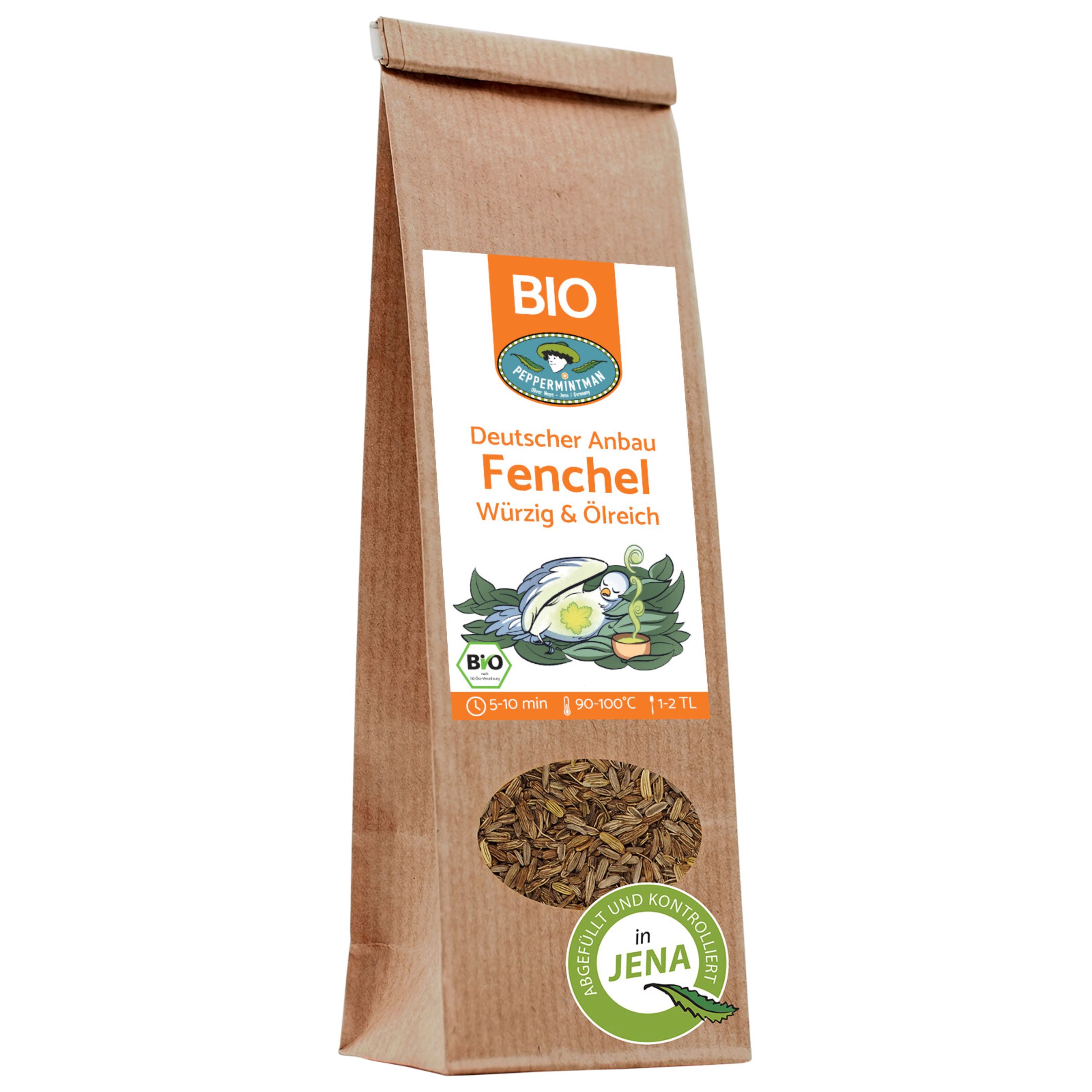 Braune Papiertüte mit Aufdruck. Aufschrift: Deutscher Anbau Fenchel, Bio. Sichtfenster mit Fenchelsamen. Siegel: Bio.