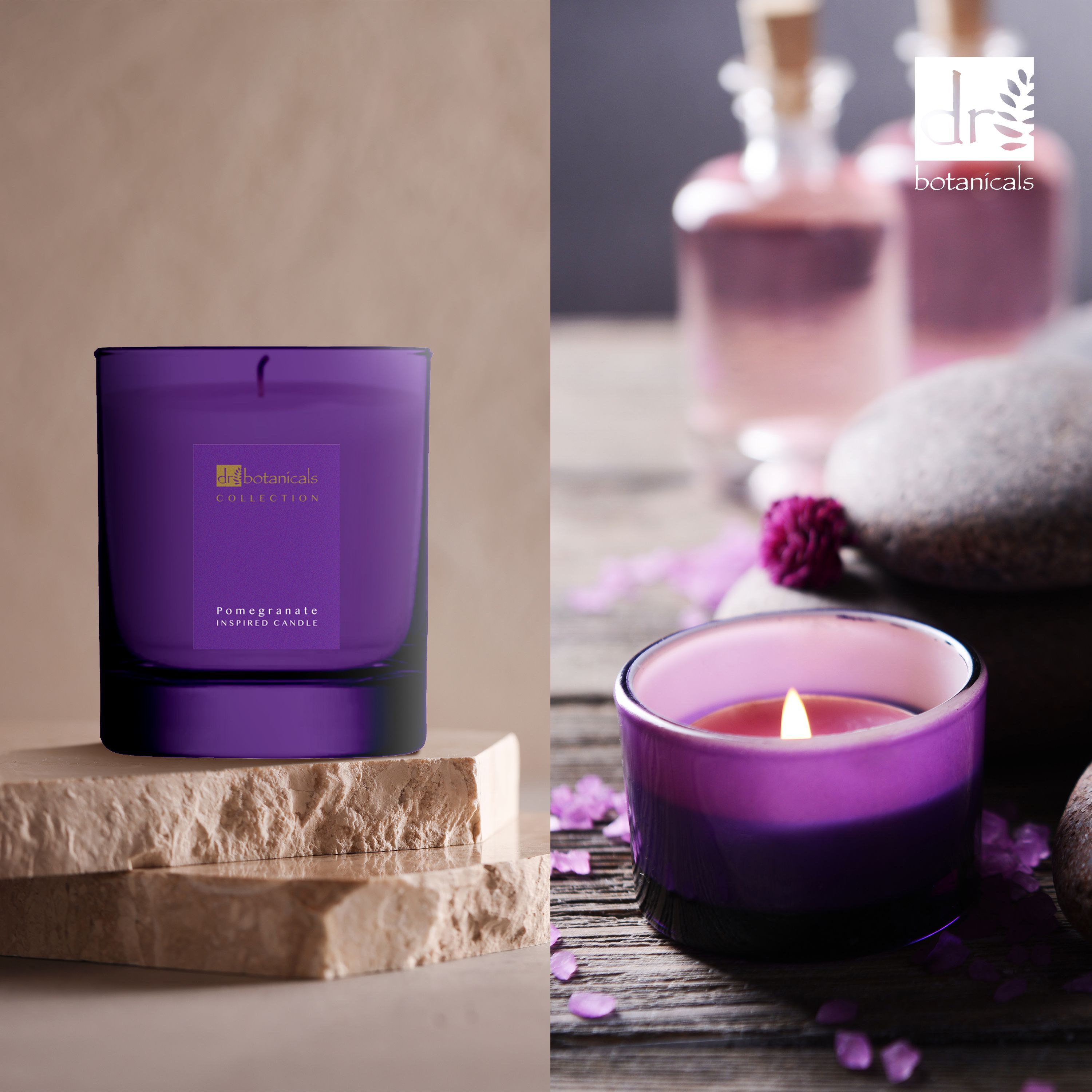 Zwei violette Kerzen. Eine auf Stein, eine mit Flamme. Hintergrund: Accessoires und Blütenblätter.