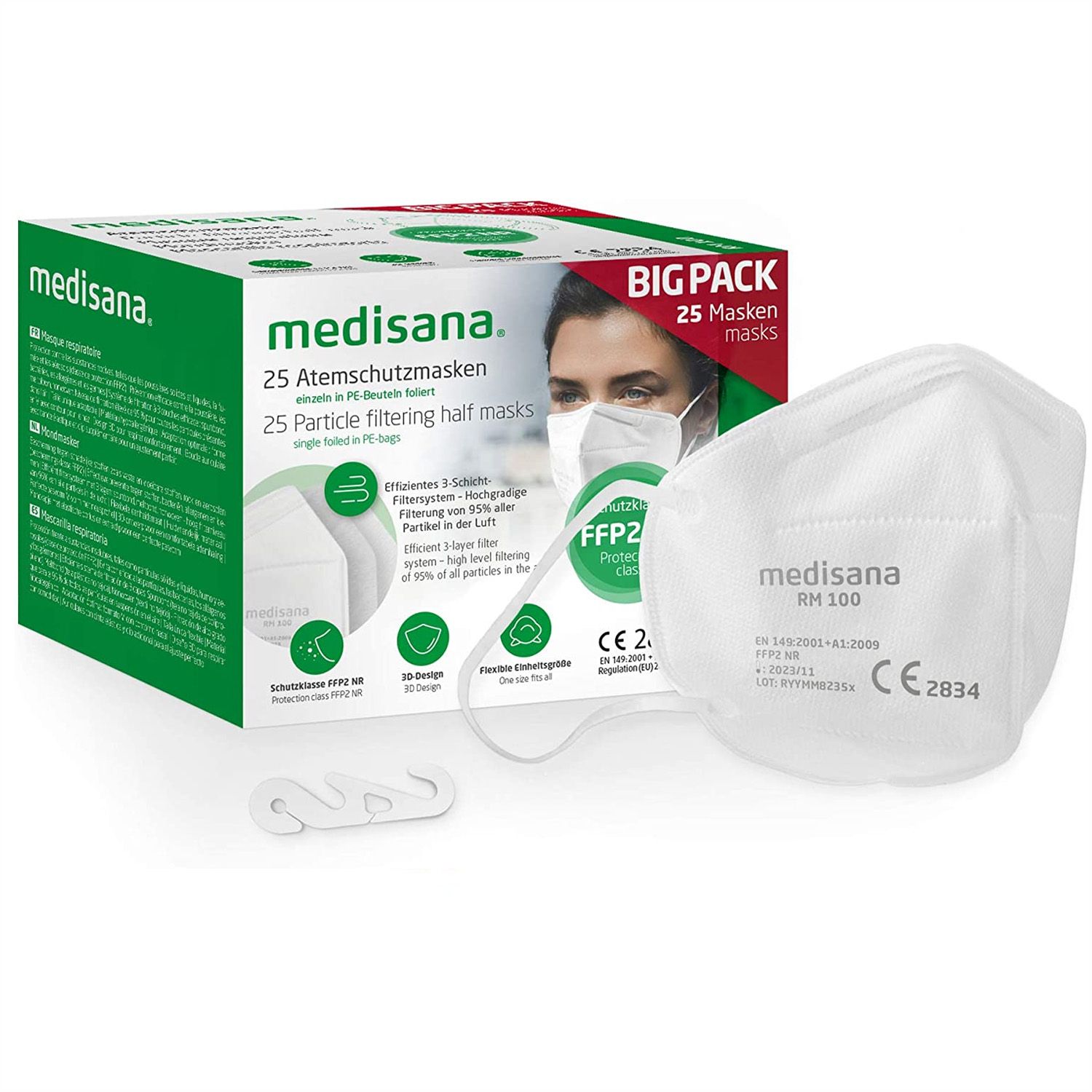 Medisana RM 100 FFP2 Maske. Verpackung mit 25 Masken, Maske und Ohrschlaufenhalter. CE-Kennzeichnung. Grün-weiße Verpackung.