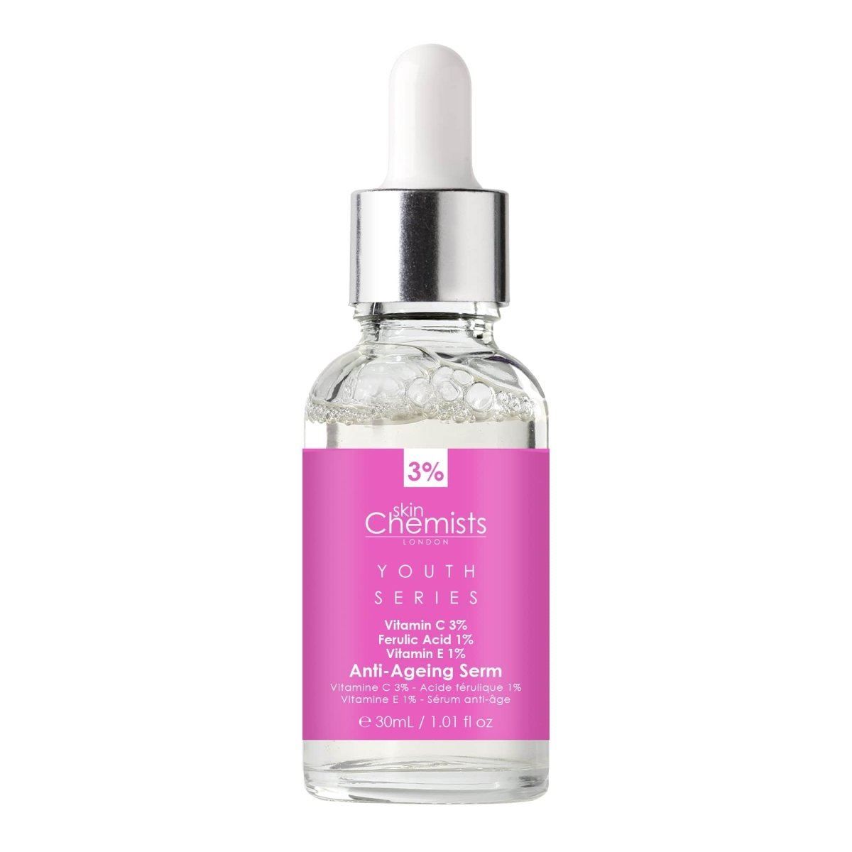 SkinChemists Anti-Aging Serum Flasche mit Pipette. Enthält Vitamin C, Ferulasäure und Vitamin E.