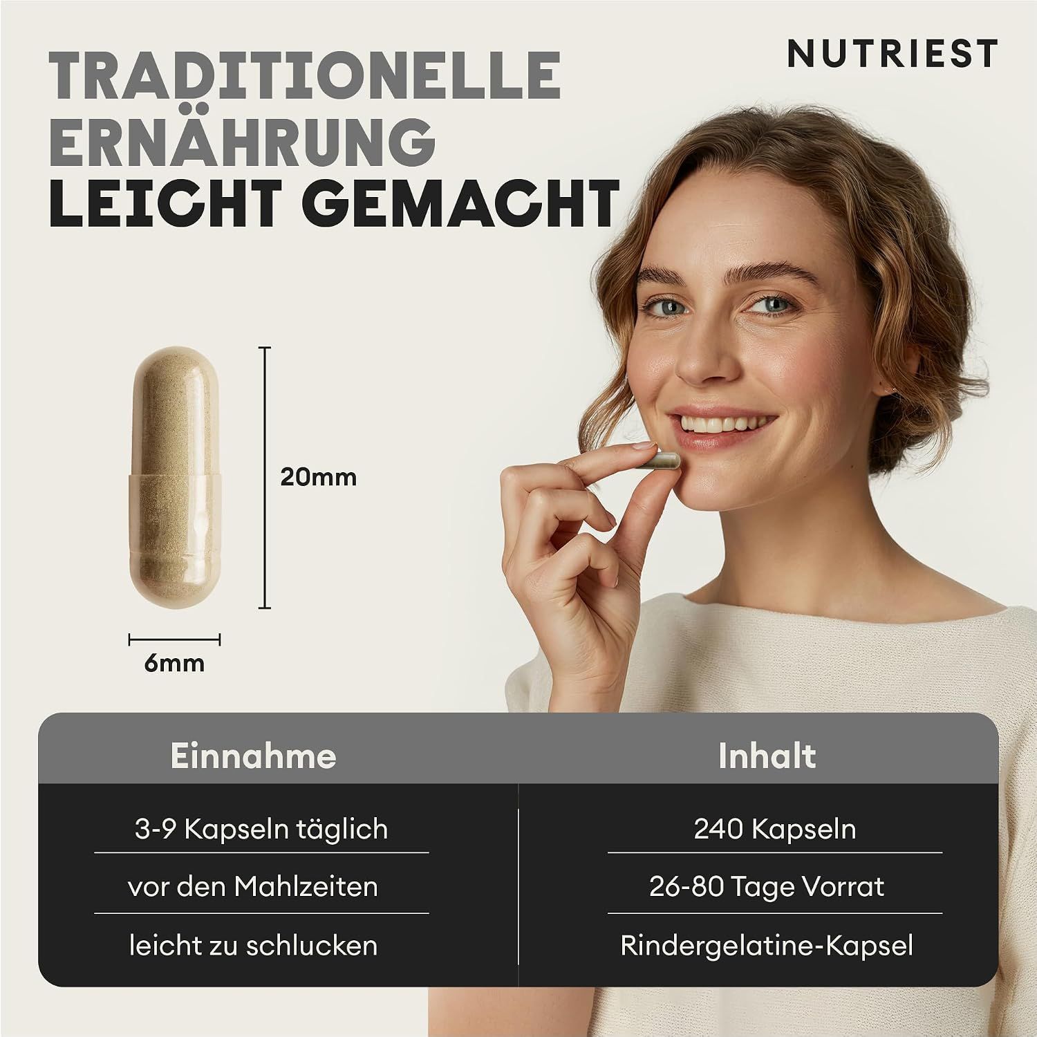 Eine Kapsel (6mm x 20mm) und eine Frau, die eine Kapsel hält. Informationen zu Einnahme und Inhalt.