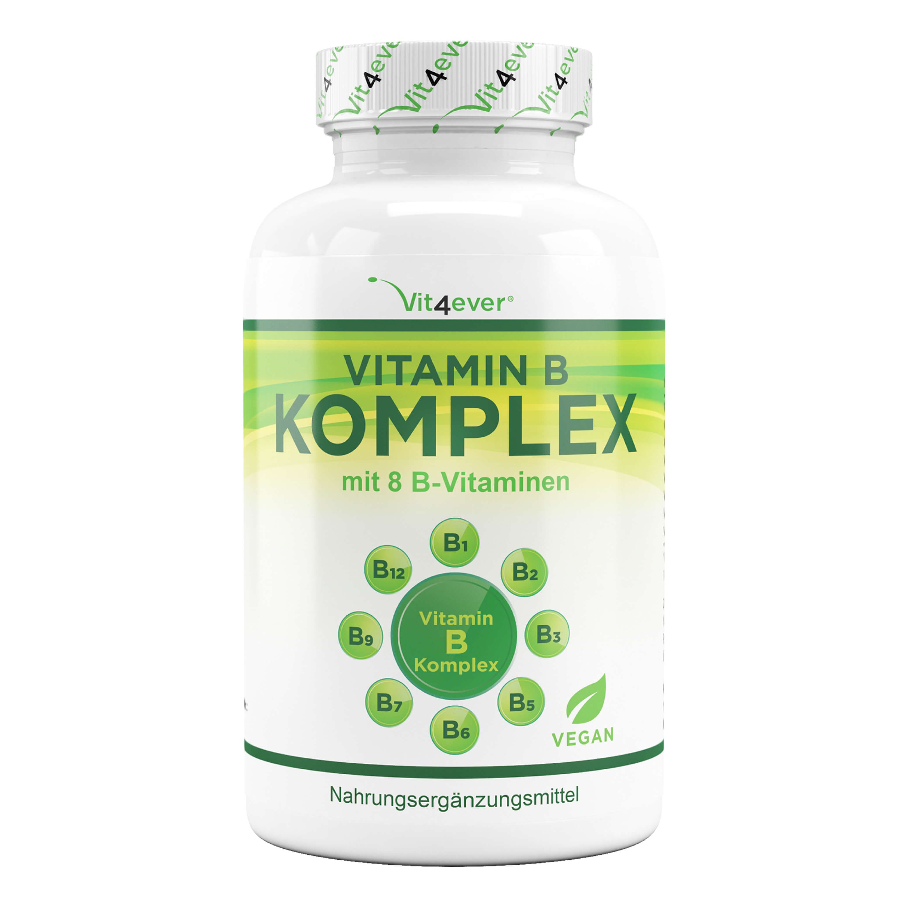Weiße Flasche mit grünem Etikett. Aufschrift: Vitamin B Komplex mit 8 B-Vitaminen. Vegan. Nahrungsergänzungsmittel. Vit4ever Logo.