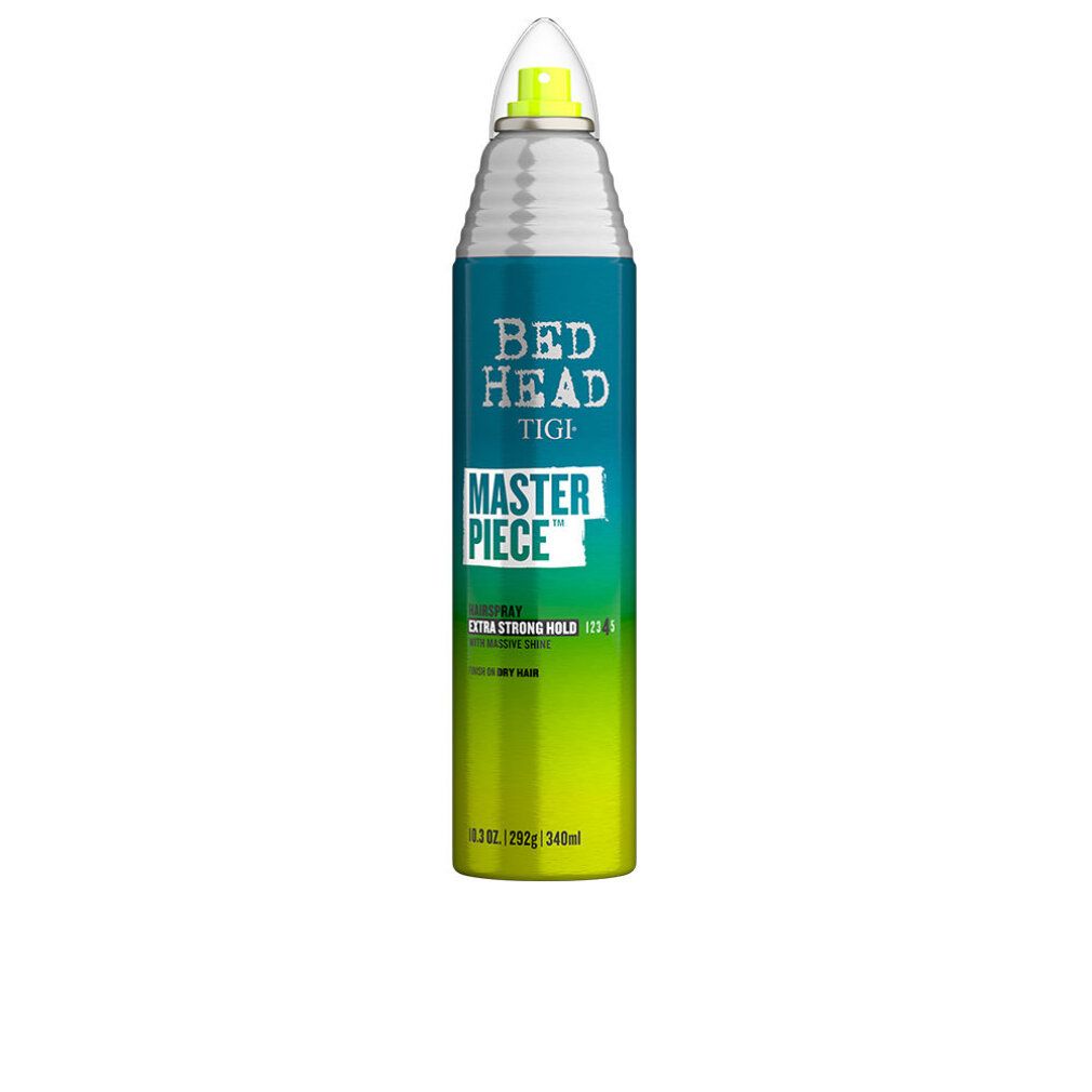 Tigi Bed Head Masterpiece Haarspray. Blaue, grüne Dose mit silbernem Sprühkopf. Text: Masterpiece, Extra Strong Hold. 10.3 oz/292g/340ml.