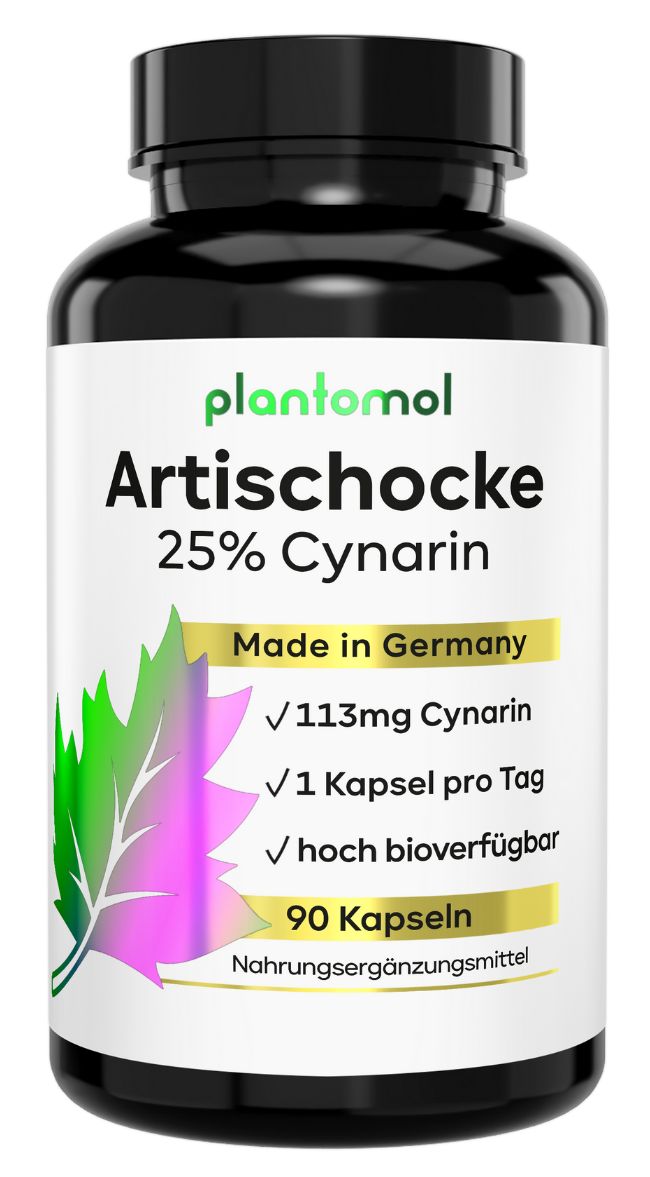 Schwarze Flasche mit weißen Etikett. Enthält Artischocken Kapseln. Text: Artischocke, 25% Cynarin, 90 Kapseln. Made in Germany.