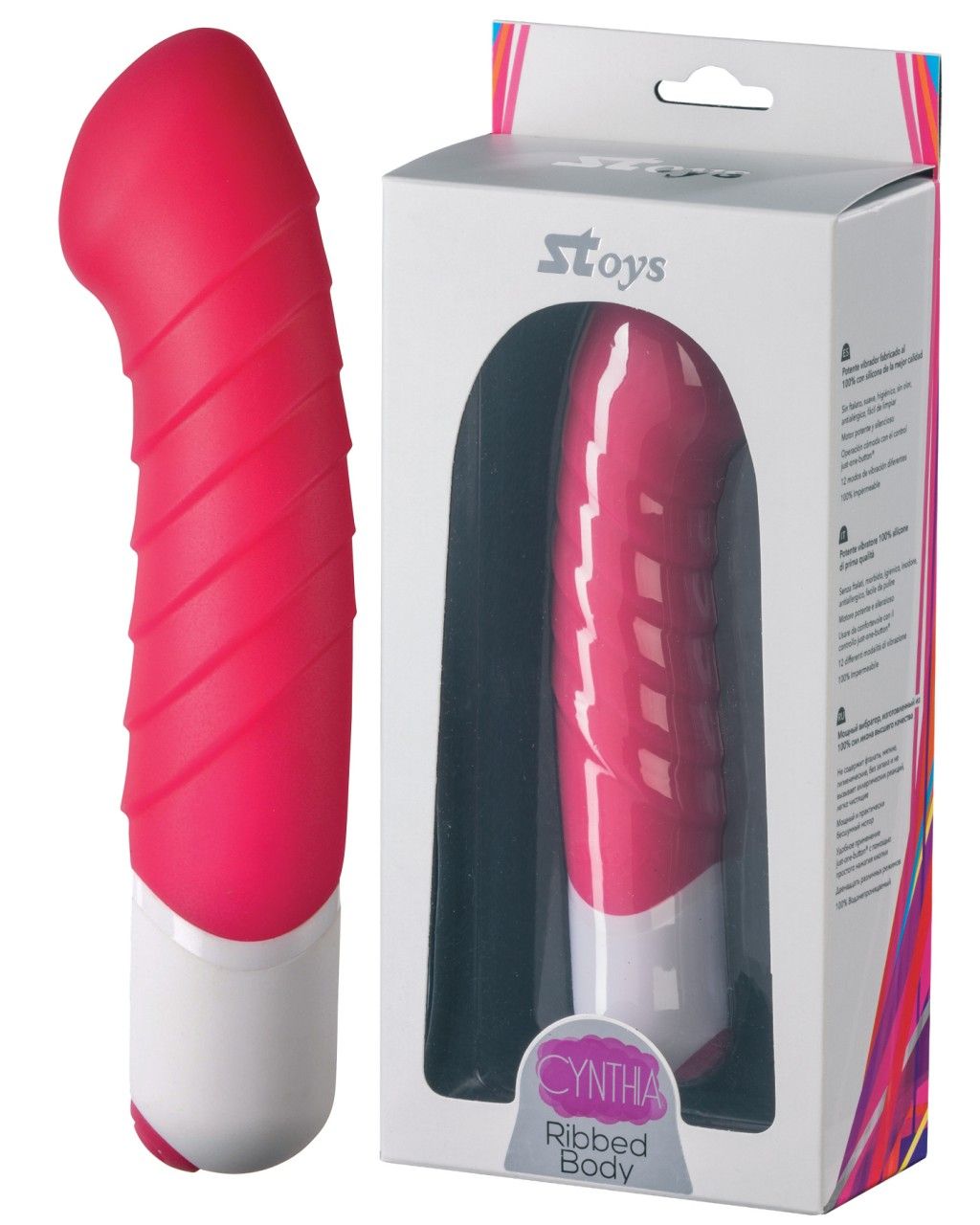 Wellness-Produkt und Verpackung. Roter, geriffelter Vibrator mit weißem Sockel. Produktname: Cynthia. Marke: SToys.