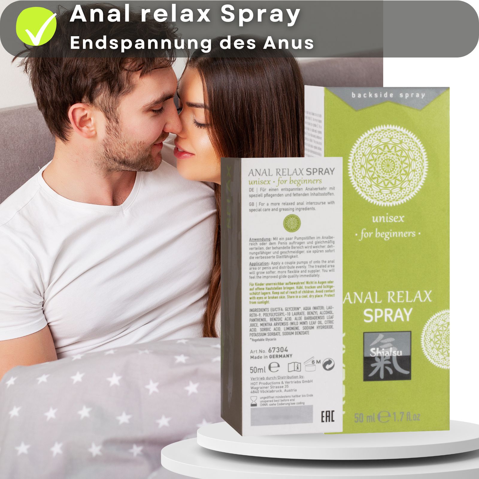 Produkt und Verpackung. Text: ANAL RELAX SPRAY, unisex, Shiatsu. 50 ml. Paar im Bett.